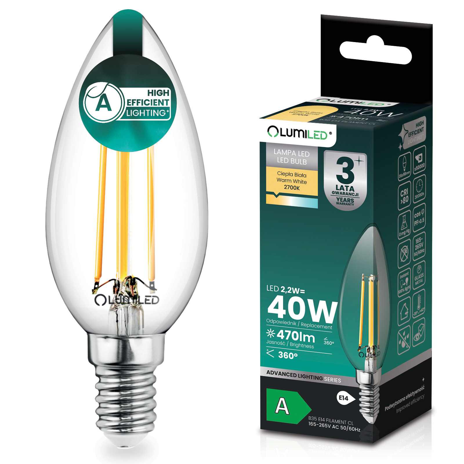 Żarówka LED E14 Świeczka B35 2,2W 470lm = 40W 2700K Ciepła 360° Filament KLASA A LUMILED - główne zdjęcie produktu