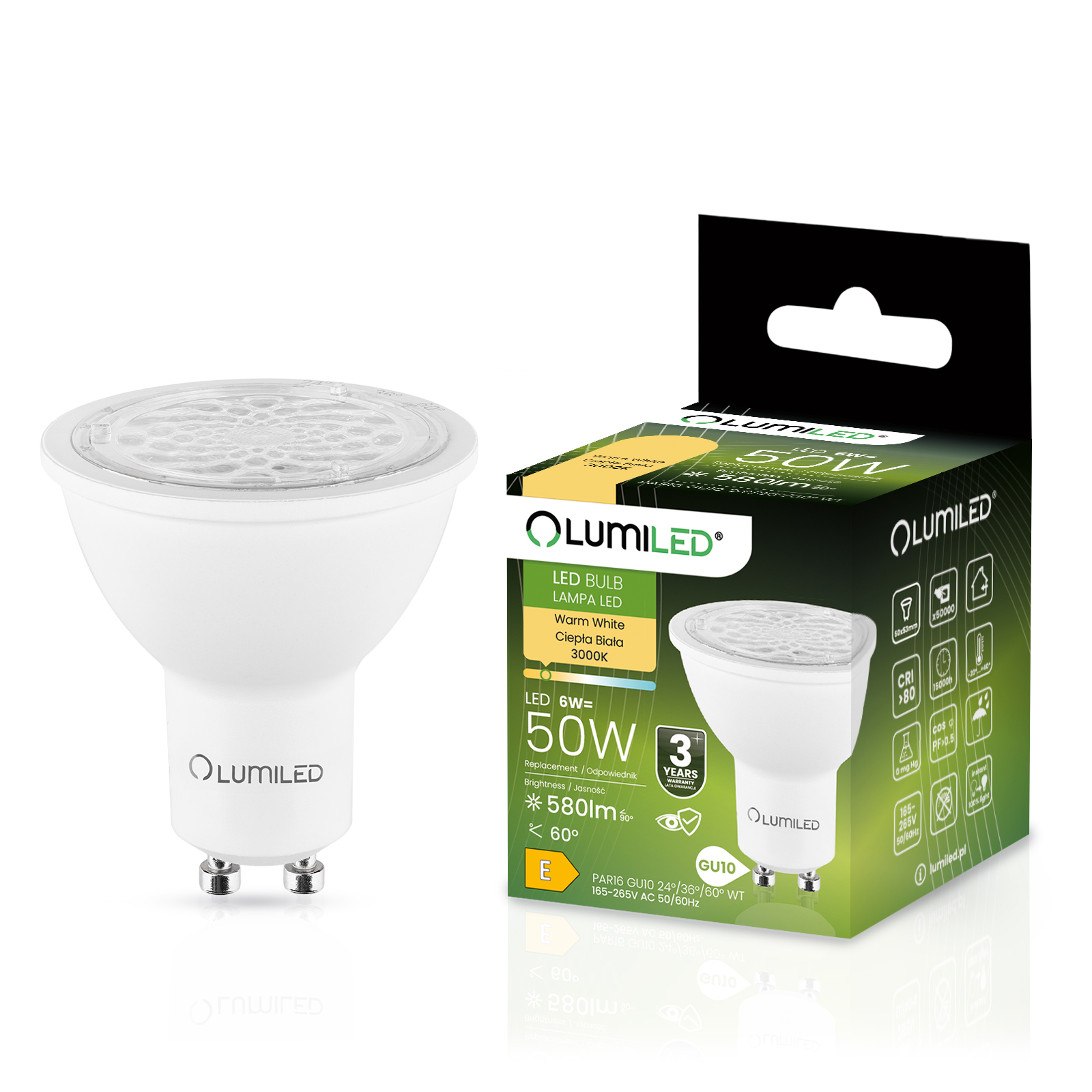Żarówka LED GU10 Reflektor PAR16 6W = 50W 580lm 3000K Ciepła 24° 36° 60° LUMILED - główne zdjęcie produktu