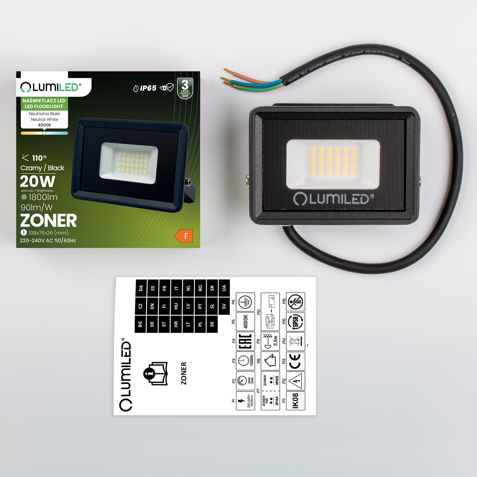 Naświetlacz LED ZONER 20W 1800LM 4000K IP65 Czarny LUMILED - skład produktu