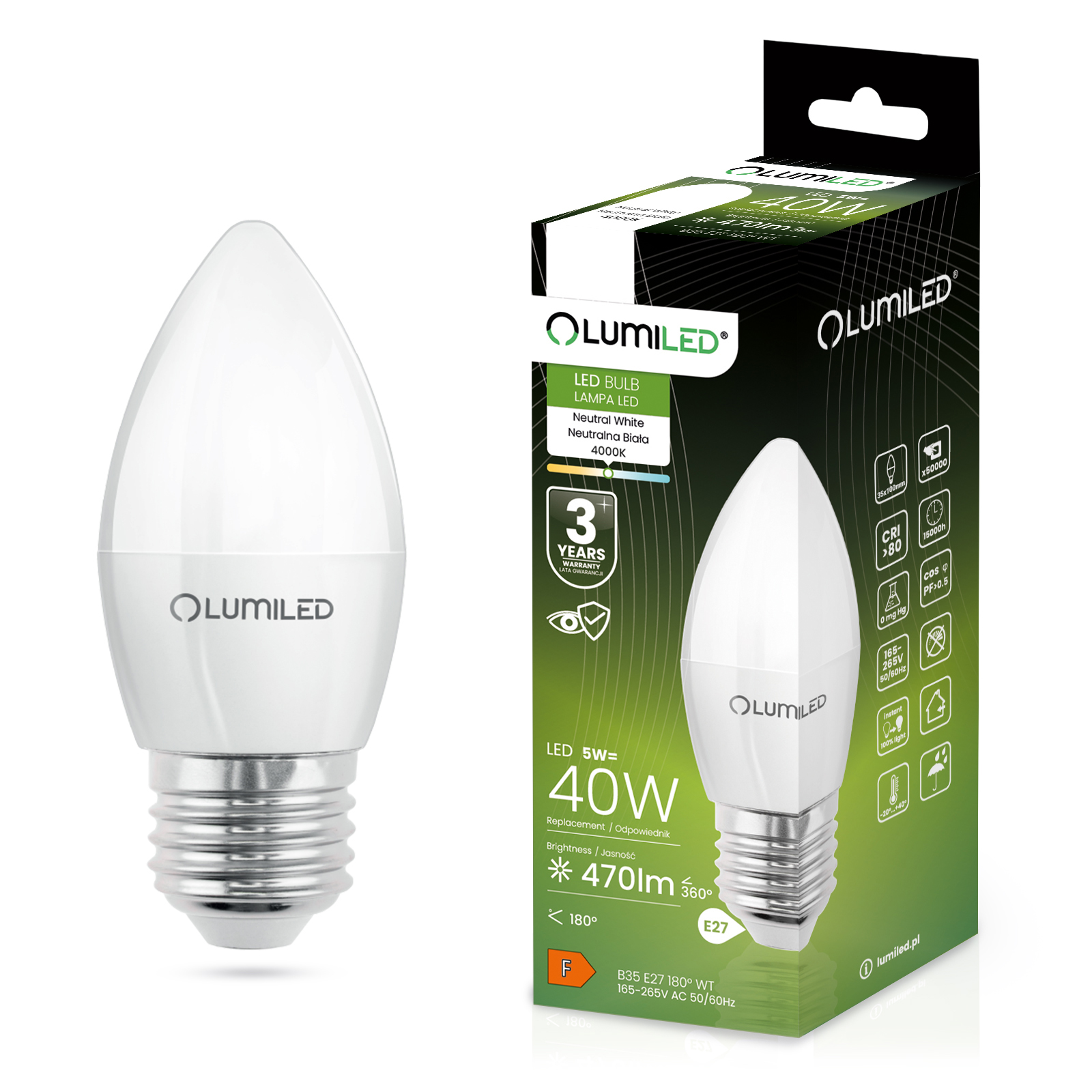 Żarówka LED E27 Świeczka B35 5W = 40W 470lm 4000K Neutralna 180° LUMILED - główne zdjęcie produktu