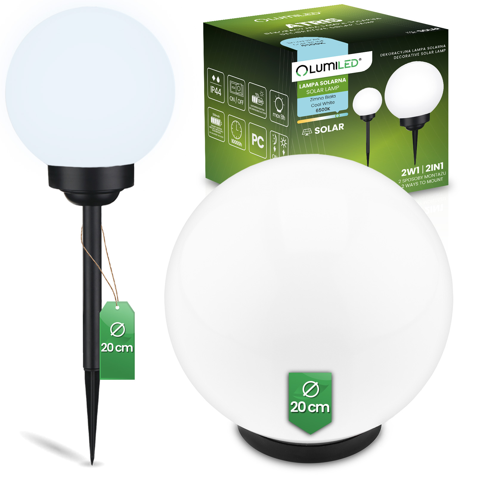 Lampa Solarna Ogrodowa LED 6500K IP44 20cm Wbijana Naziemna Biała Kulka ATRIS LUMILED - główne zdjęcie produktu