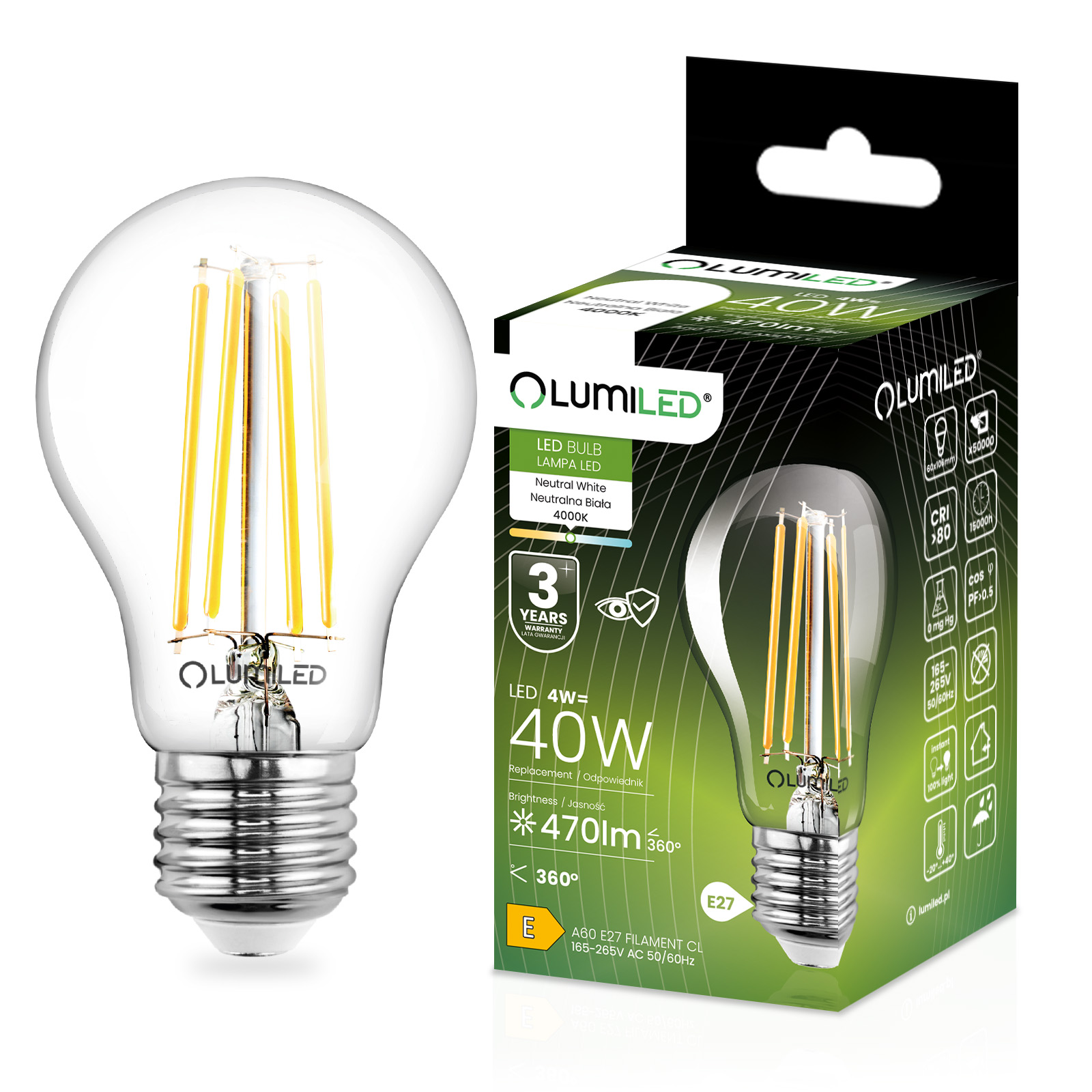 Żarówka LED E27 A60 4W = 40W 470lm 4000K Neutralna 360° FILAMENT LUMILED - główne zdjęcie produktu