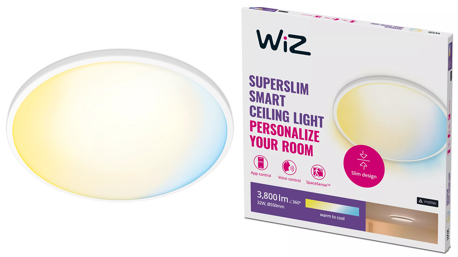 Plafon LED Lampa Sufitowa Natynkowa 32W 3800lm 2700-6500K TW 55cm Biała Okrągła Inteligentna SMART WiFi Bluetooth Aplikacja Superslim WiZ - główne zdjęcie produktu