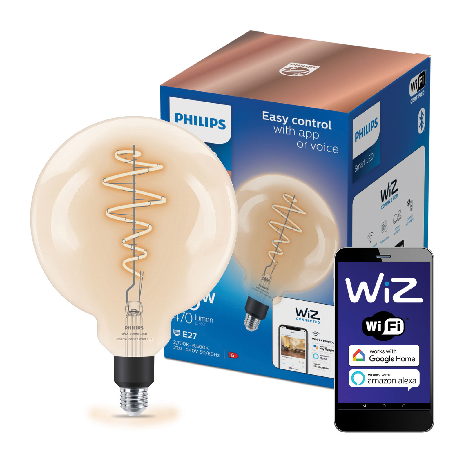 Żarówka LED E27 Kula G200 6.7W = 40W 470lm 2700-6500K TW FILAMENT Inteligentna SMART WiFi Bluetooth Aplikacja WiZ Philips - główne zdjęcie produktu