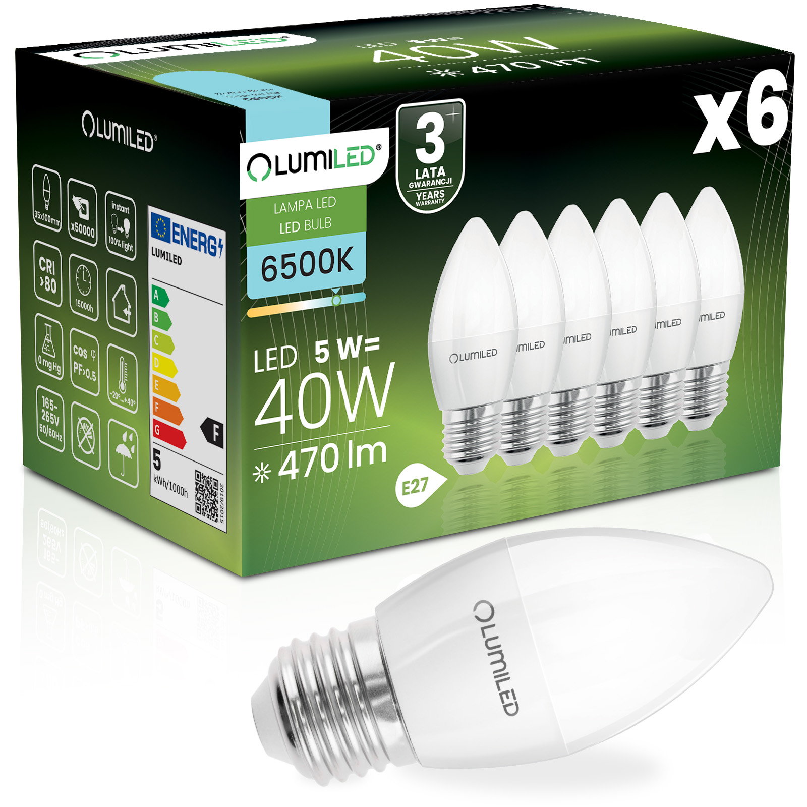 6x Żarówka LED E27 Świeczka B35 5W = 40W 470lm 6500K Zimna 180° LUMILED - główne zdjęcie produktu