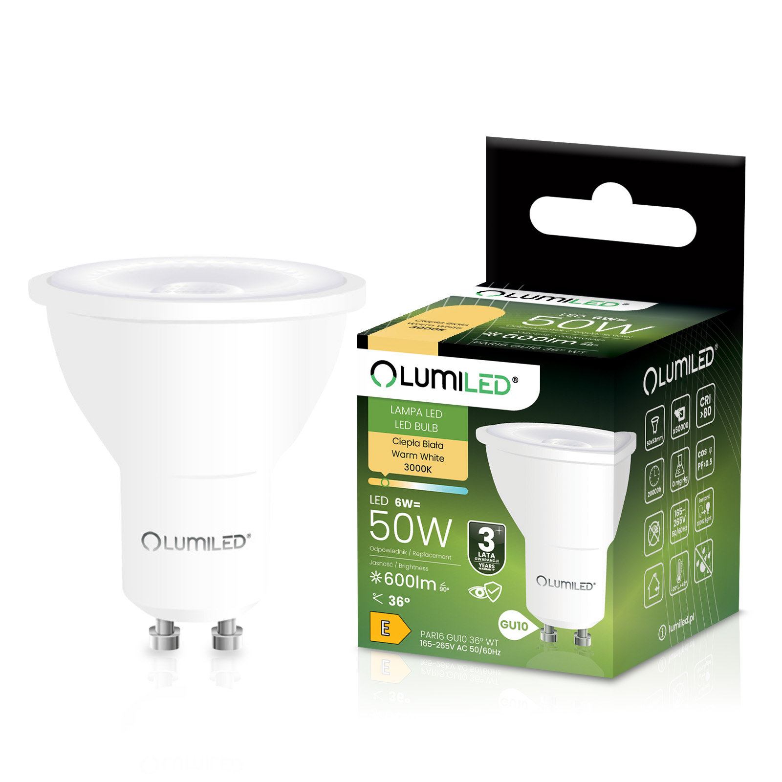 Żarówka LED GU10 Reflektor PAR16 6W = 50W 600lm 3000K Ciepła 36° LUMILED - główne zdjęcie produktu