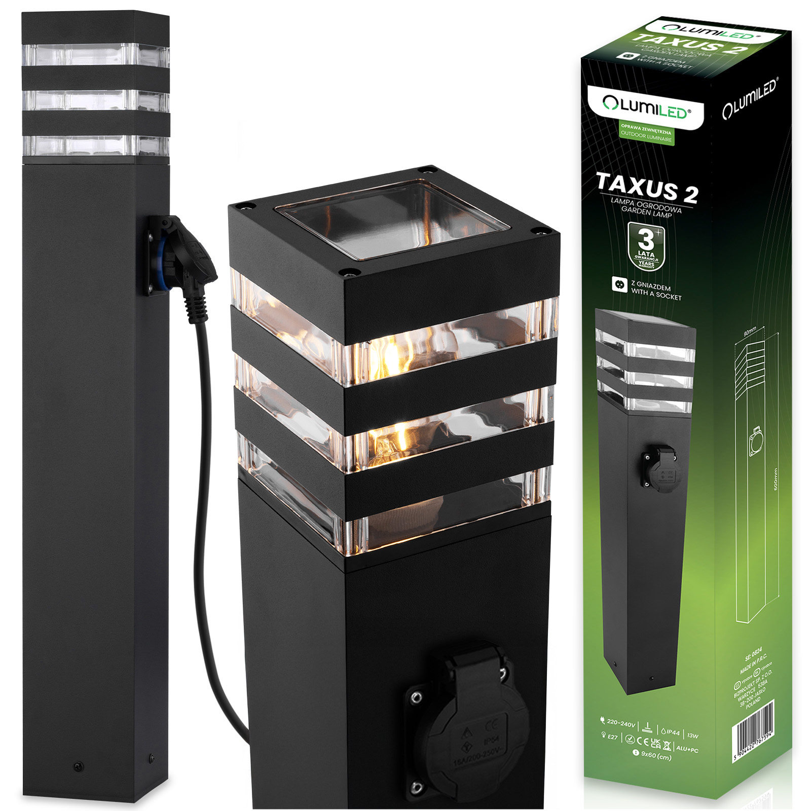 Lampa Ogrodowa Słupek Zewnętrzny Stojący E27 LED z Gniazdem TAXUS 2 60cm LUMILED - główne zdjęcie produktu