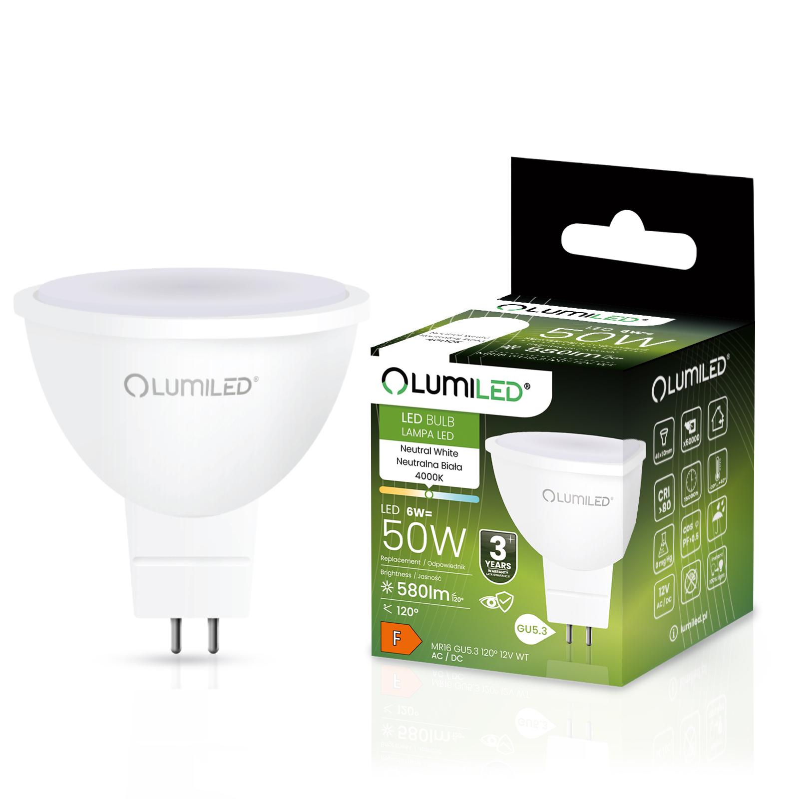 Żarówka LED GU5.3 Reflektor MR16 6W = 50W 580lm 4000K Neutralna 120° 12V LUMILED - główne zdjęcie produktu