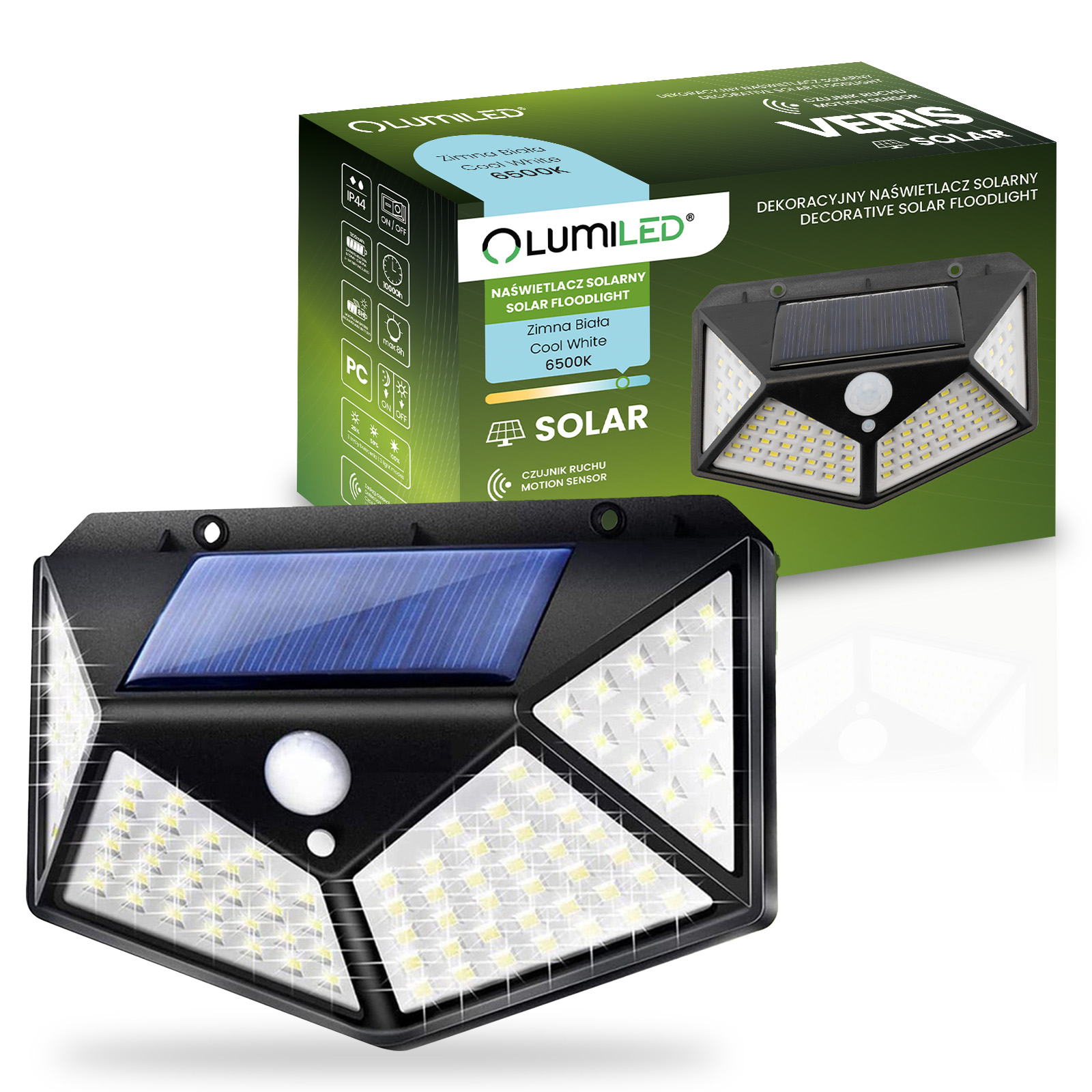 Naświetlacz Solarny LED Halogen Lampa Ogrodowa 6500K IP44 Czujnik Ruchu i Zmierzchu VERIS LUMILED - główne zdjęcie produktu