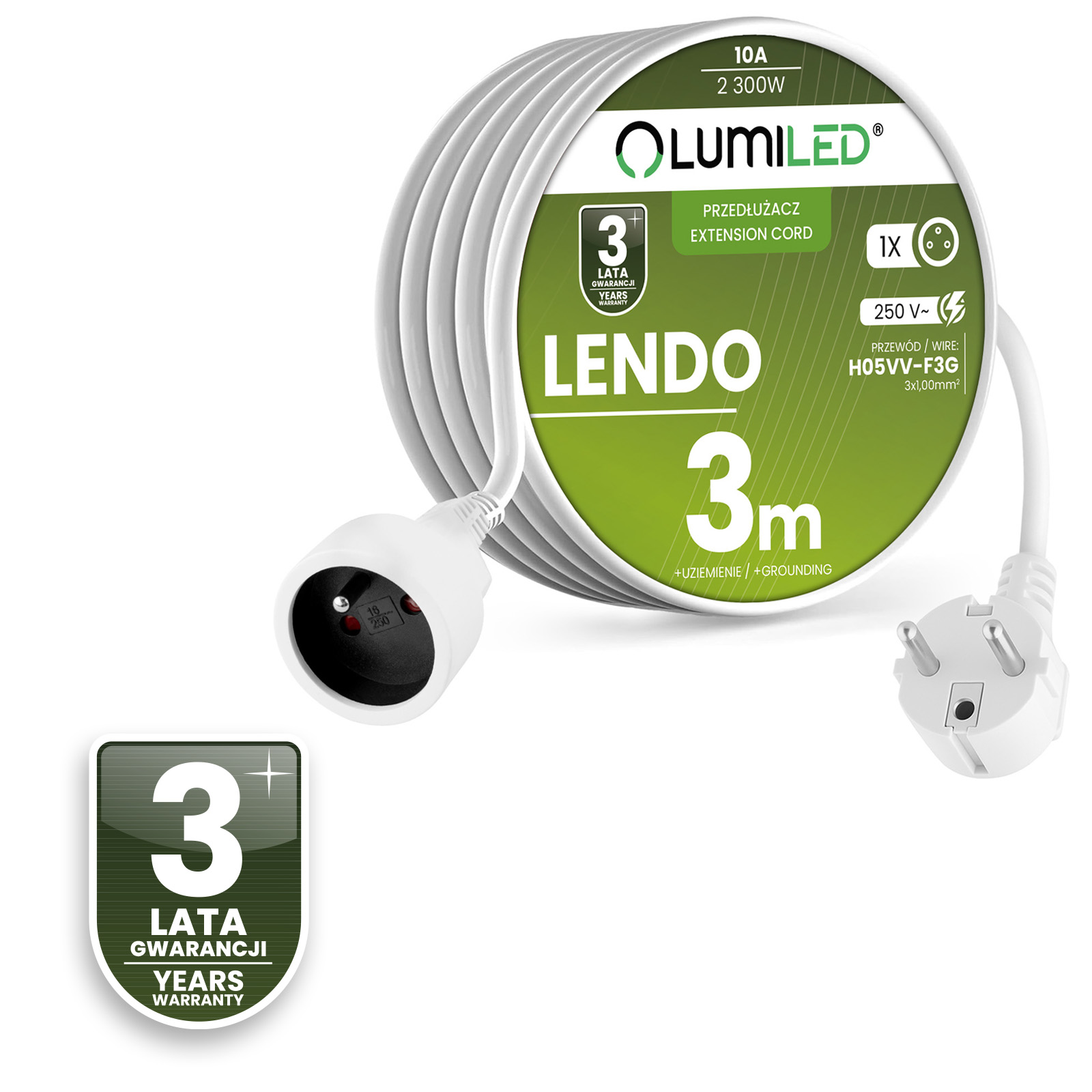 Przedłużacz Sieciowy Kabel z Uziemieniem Listwa Zasilająca 1 Gniazdo 3m Biały Sznur Lendo Lumiled - czwarta cecha produktu