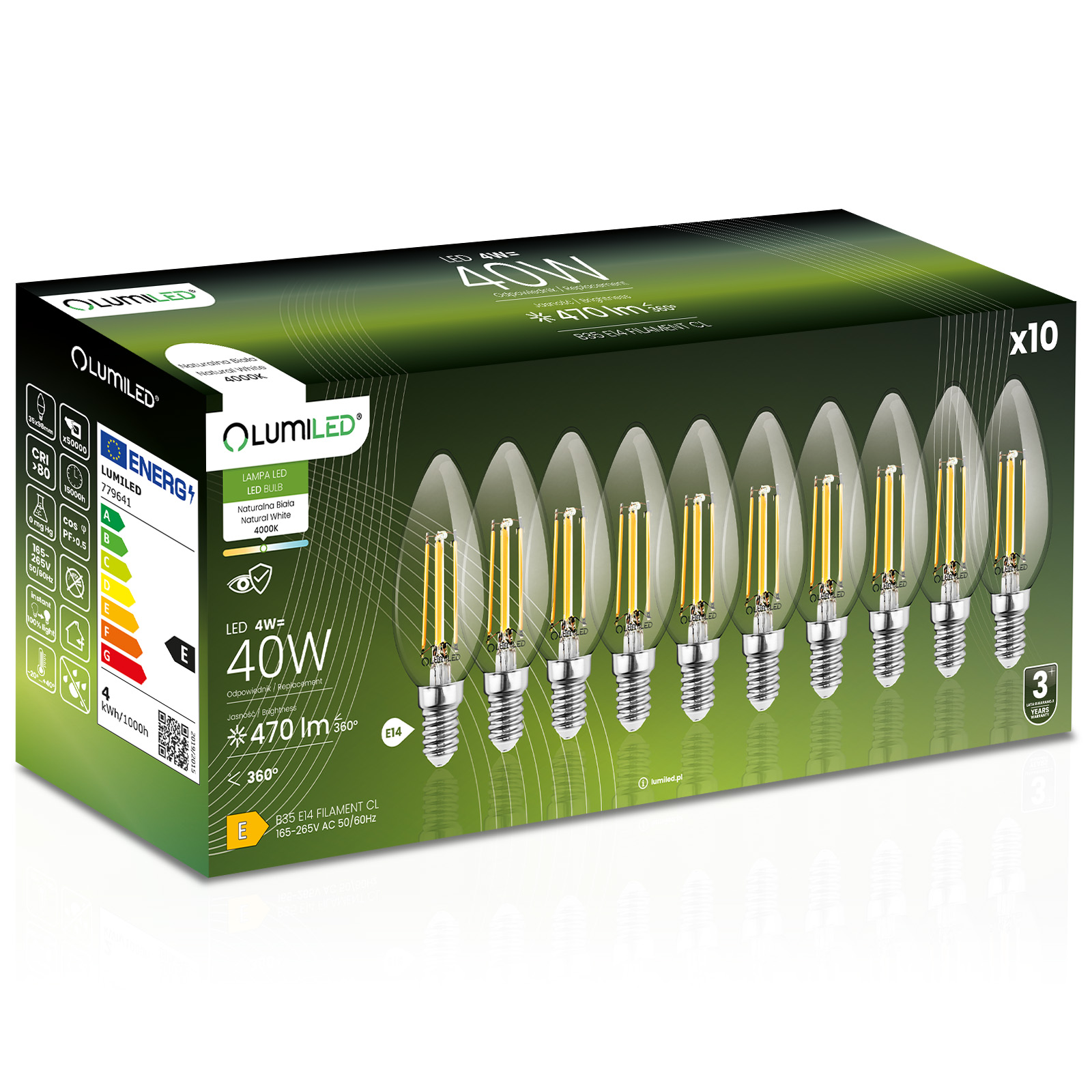 10x Żarówka LED E14 Świeczka B35 4W = 40W 470lm 4000K NEUTRALNA 360° FILAMENT LUMILED - główne zdjęcie produktu