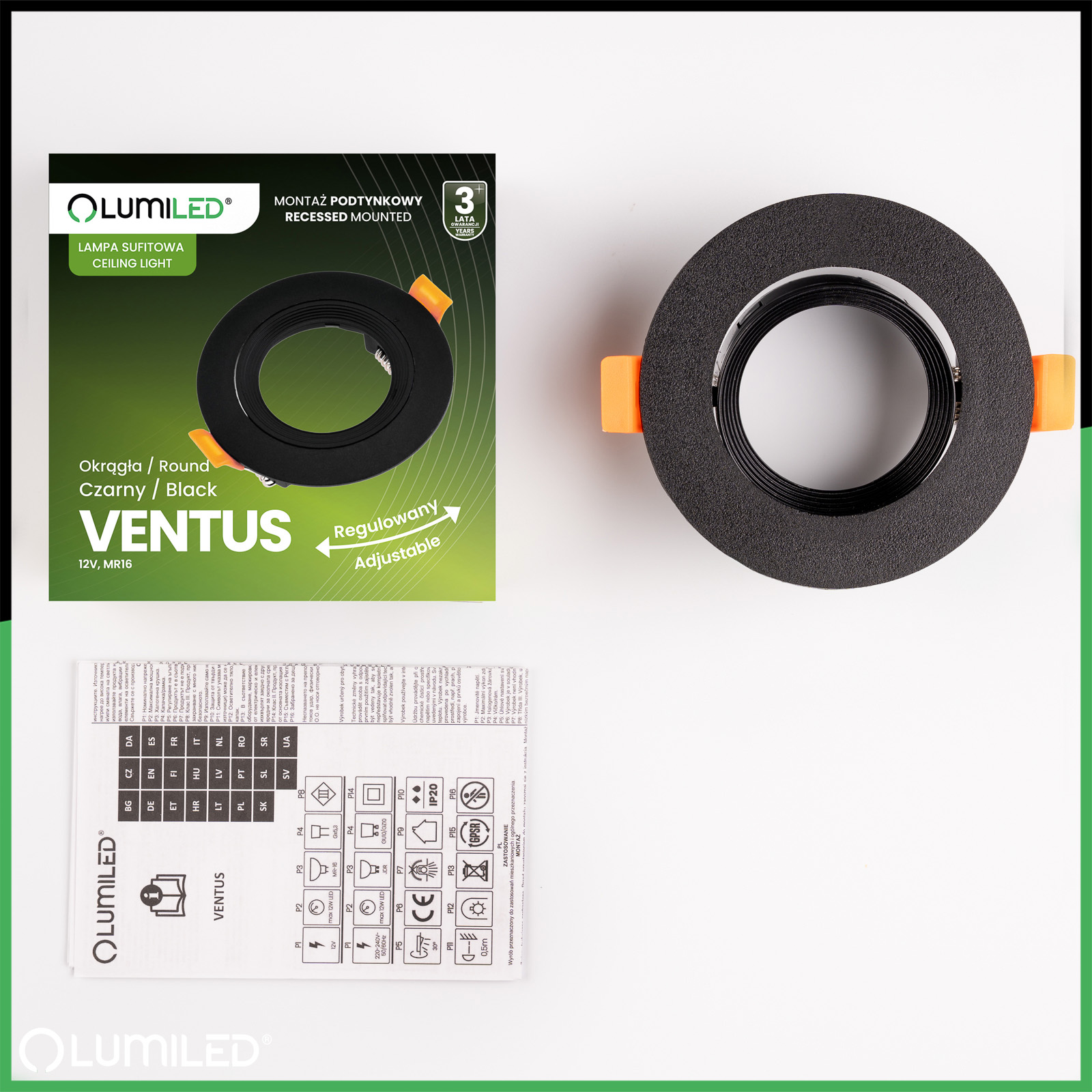 Oprawa Halogenowa Podtynkowa Ruchoma Okrągła Czarna GU10 MR16 VENTUS Lumiled - skład produktu