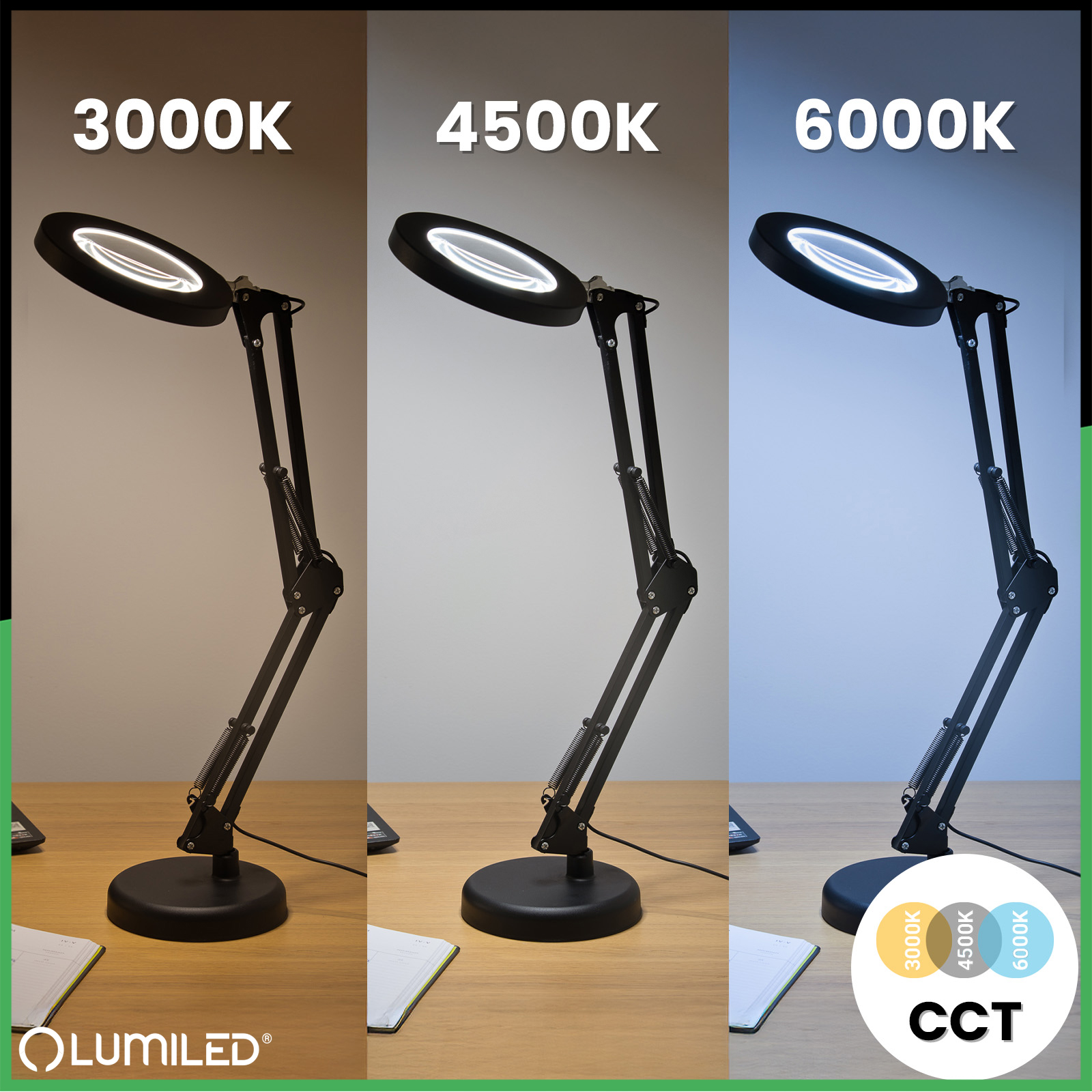 Lampka Biurkowa LED 8W CCT Kreślarska Stołowa 3x Szkło Powiększające Lupa LUCA 2 Czarna LUMILED - pierwsza cecha produktu