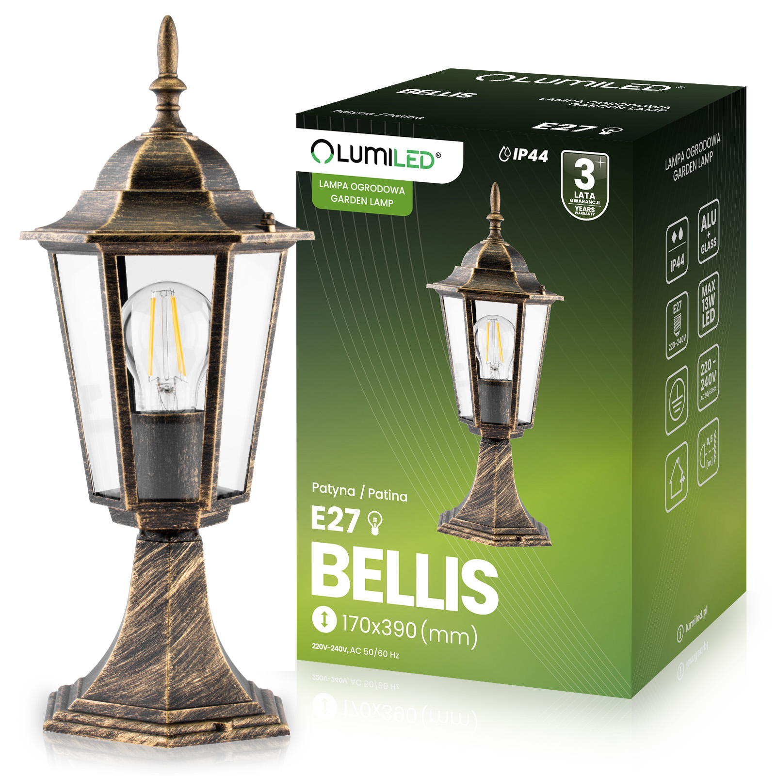 Lampa Ogrodowa Zewnętrzna E27 SŁUPEK LATARNIA 39cm Patyna BELLIS LUMILED - główne zdjęcie produktu
