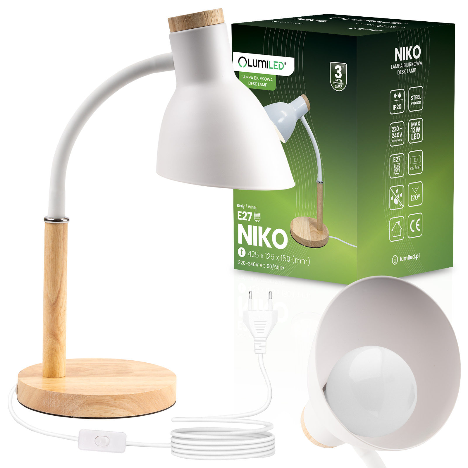 Lampka Biurkowa Szkolna Kreślarska Stołowa Dekoracyjna E27 NIKO Biała  Lumiled - główne zdjęcie produktu