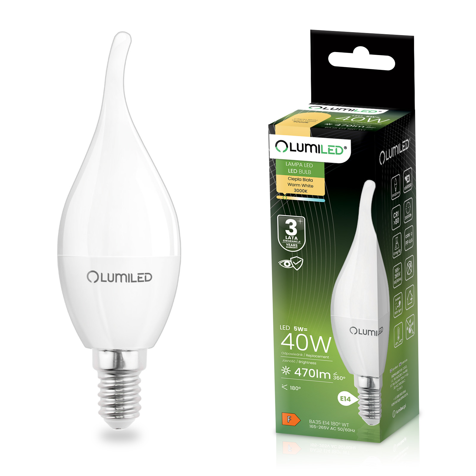 Żarówka LED E14 Świeczka BA35 5W = 40W 470lm 3000K Ciepła 180° LUMILED - główne zdjęcie produktu