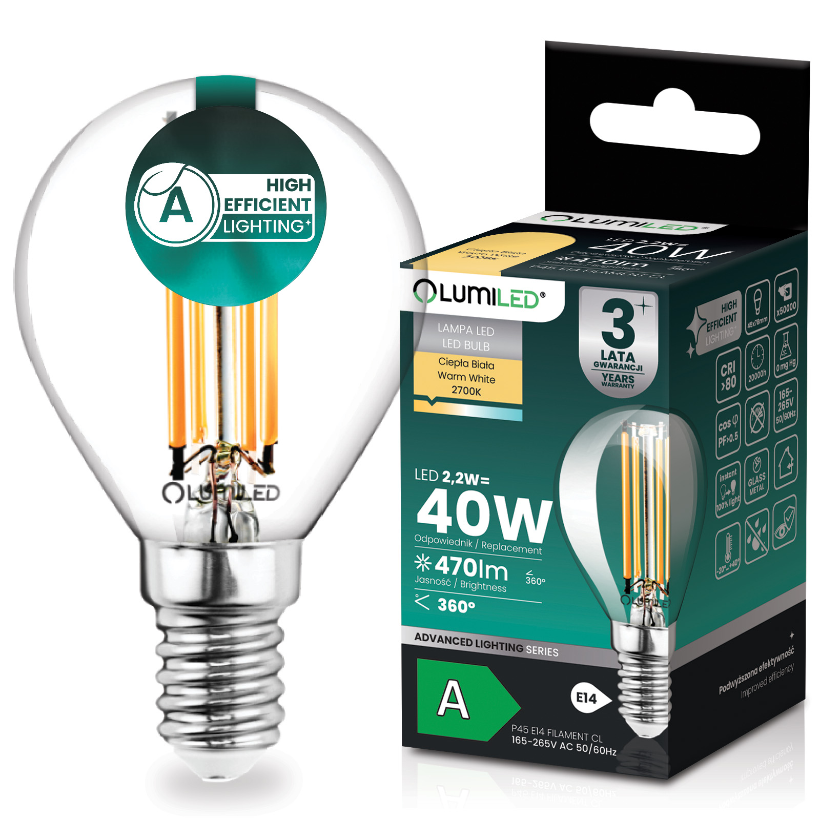 Żarówka LED E14 Kulka P45 2,2W 470lm = 40W 2700K Ciepła 360° Filament KLASA A LUMILED - główne zdjęcie produktu