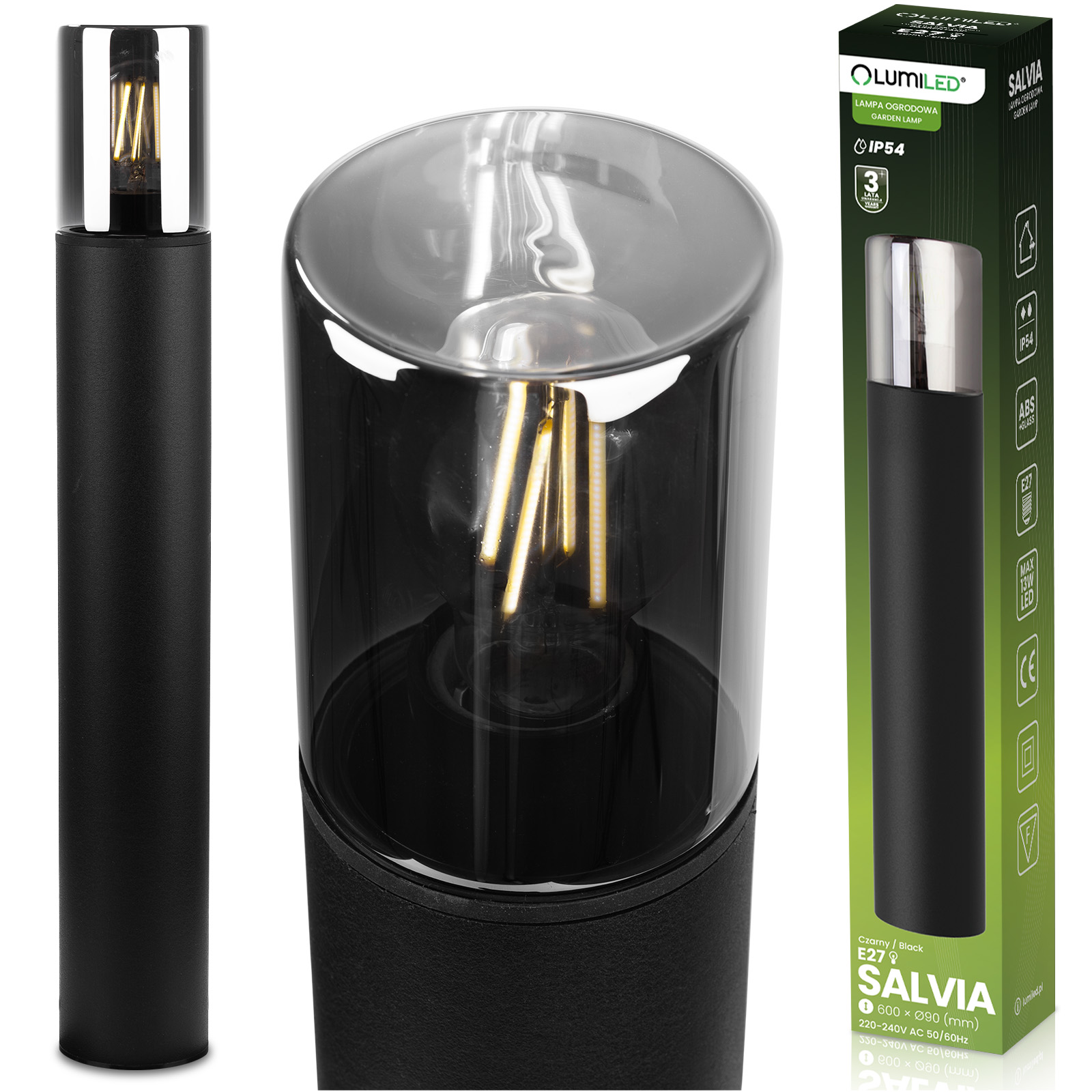 Lampa Ogrodowa Stojąca Zewnętrzna Słupek NA ŻARÓWKE E27 Czarna SZKŁO IP54 60 cm SALVIA LUMILED - główne zdjęcie produktu