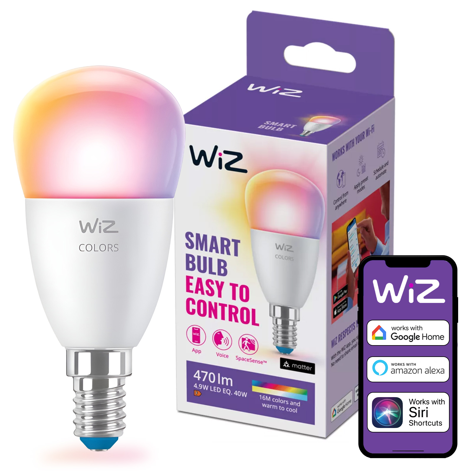 Żarówka LED E14 Kulka P45 4.9W = 40W 470lm 2200-6500K RGB + TW Inteligentna SMART WiFi Bluetooth Aplikacja WiZ - główne zdjęcie produktu
