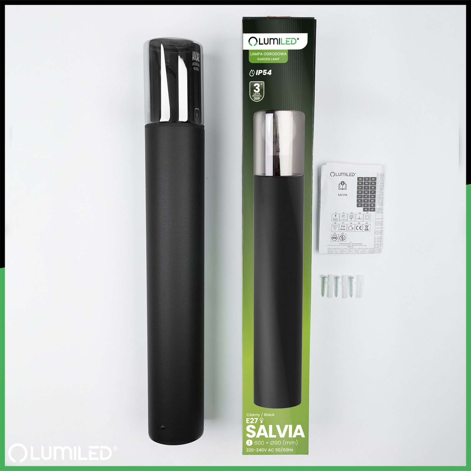 Lampa Ogrodowa Stojąca Zewnętrzna Słupek NA ŻARÓWKE E27 Czarna SZKŁO IP54 60 cm SALVIA LUMILED - skład produktu