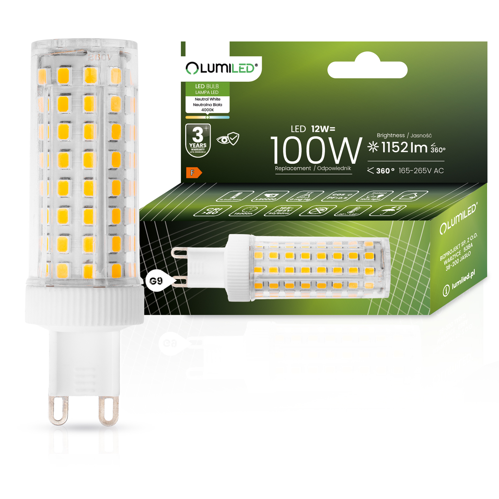 Żarówka LED G9 Kapsułka 12W = 100W 1152lm 4000K Neutralna 360° LUMILED - główne zdjęcie produktu