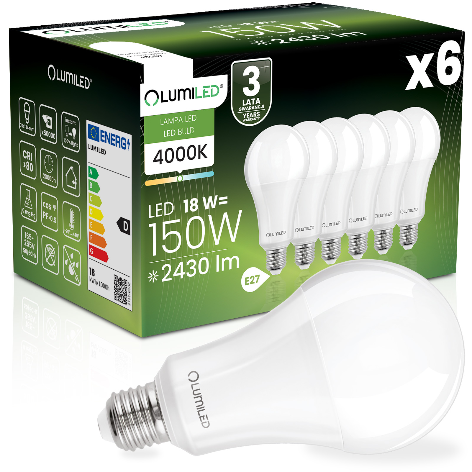 6x Żarówka LED E27 A70 18W = 150W 2430lm 4000K Neutralna 260° LUMILED - główne zdjęcie produktu