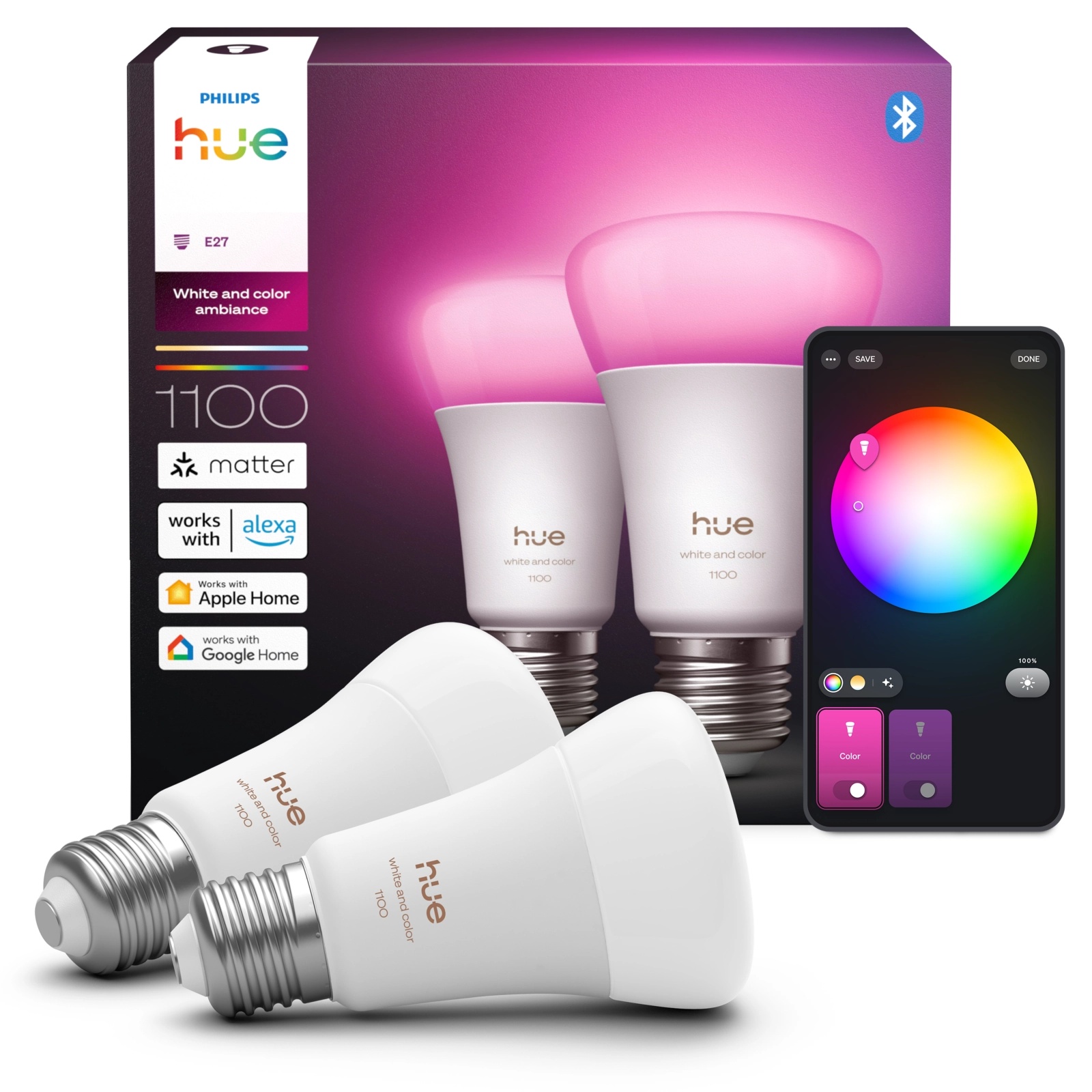 2x Żarówka LED E27 A60 8.1W = 75W 1100lm 1800-20000K CCT + RGB SMART Inteligentna Bluetooth ZigBee White and Color Ambiance Philips HUE - główne zdjęcie produktu