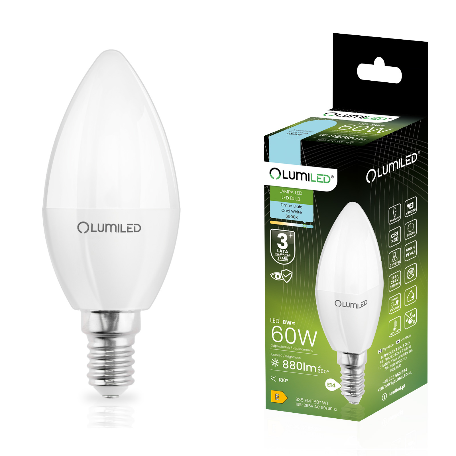 Żarówka LED E14 Świeczka B35 8W = 60W 880lm 6500K Zimna 180° LUMILED - główne zdjęcie produktu