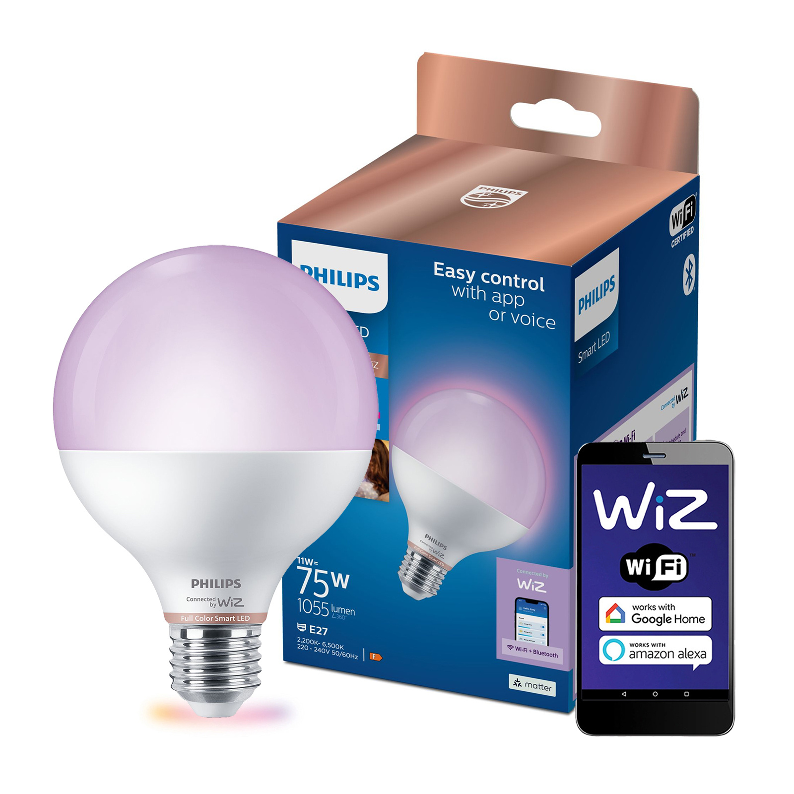 Żarówka LED E27 Kula G95 11W = 75W 1055lm 2200-6500K RGB + TW Inteligentna SMART WiFi Bluetooth Aplikacja WiZ Philips - główne zdjęcie produktu