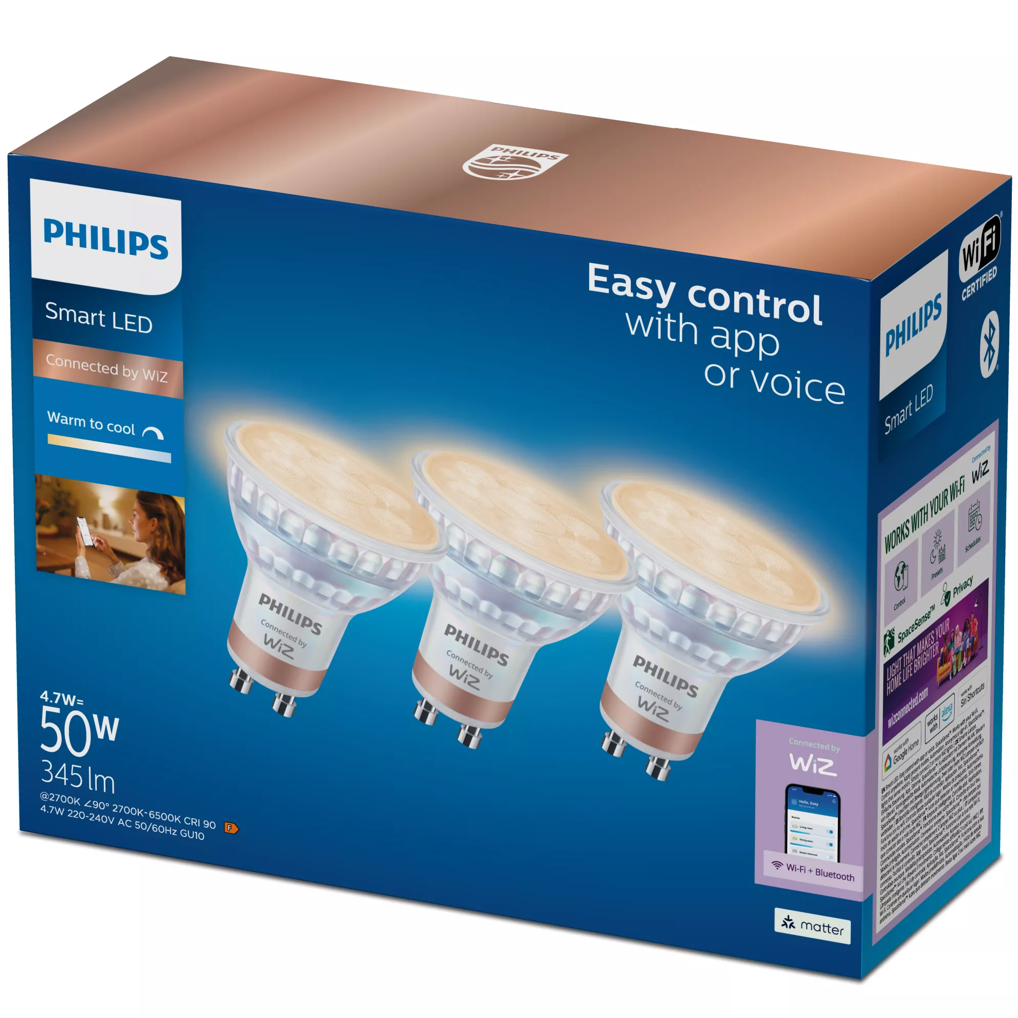 3x Żarówka LED GU10 Reflektor PAR16 4.7W = 50W 345lm 2700-6500K TW Inteligentna SMART WiFi Bluetooth Aplikacja WiZ Philips - główne zdjęcie produktu