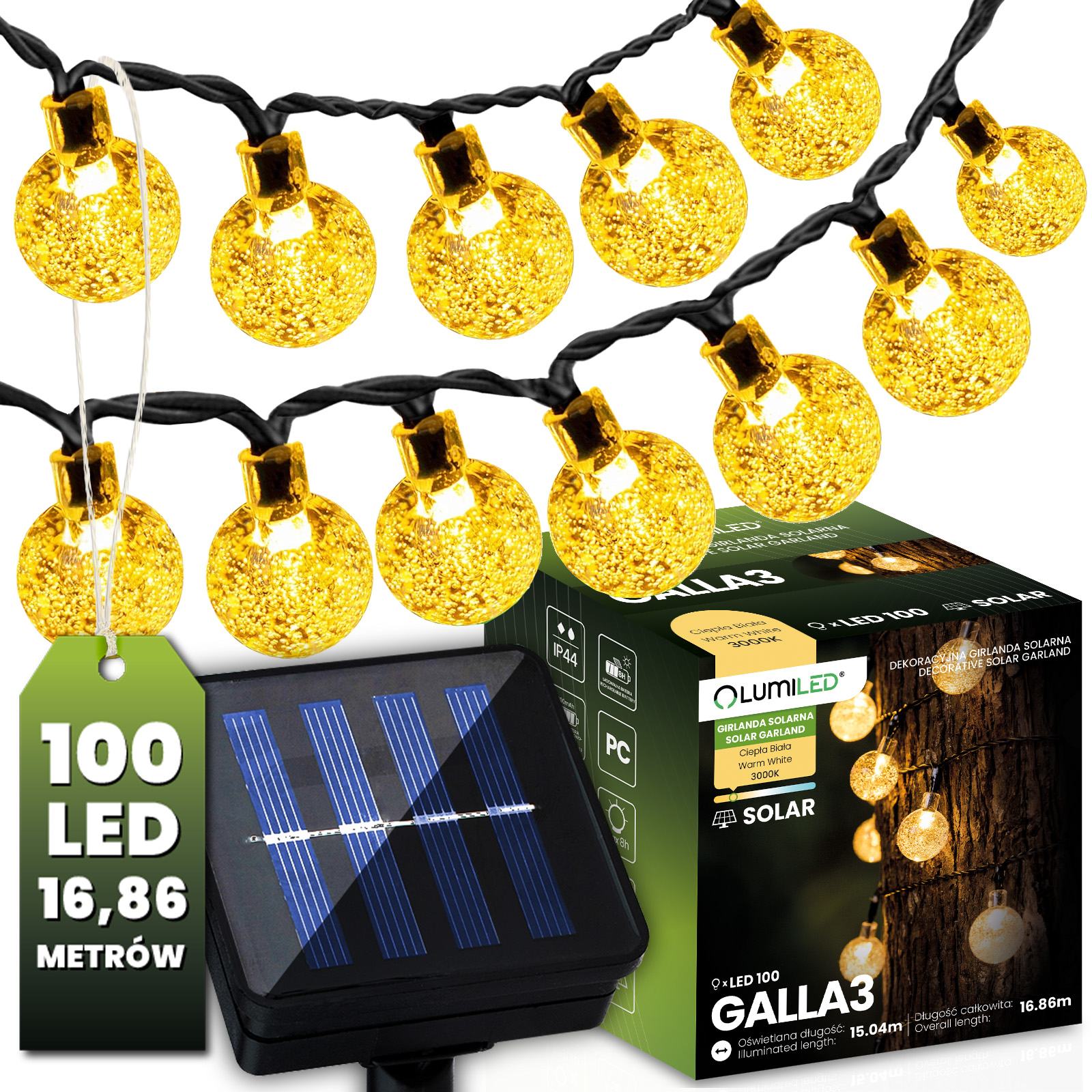 Girlanda Solarna Ogrodowa Lampki Solarne 100x Żarówka LED Kulki na Balkon 16m 3000K GALLA3 LUMILED - główne zdjęcie produktu
