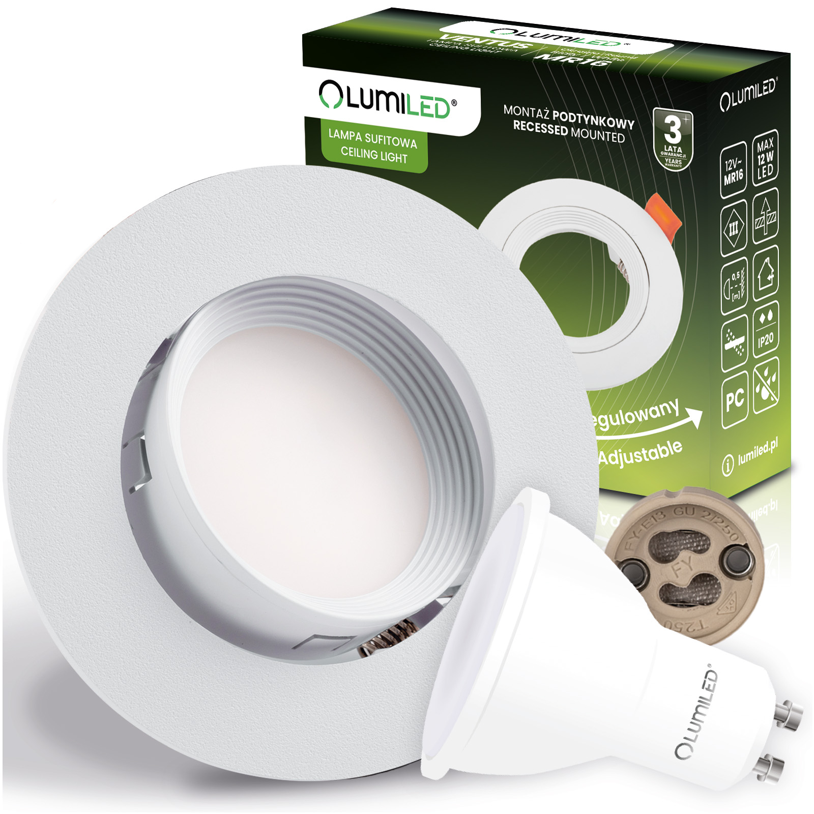 Zestaw Oprawa Halogenowa Podtynkowa VENTUS Biała Okrągła + Żarówka LED GU10 6W Ciepła 120° Lumiled - główne zdjęcie produktu