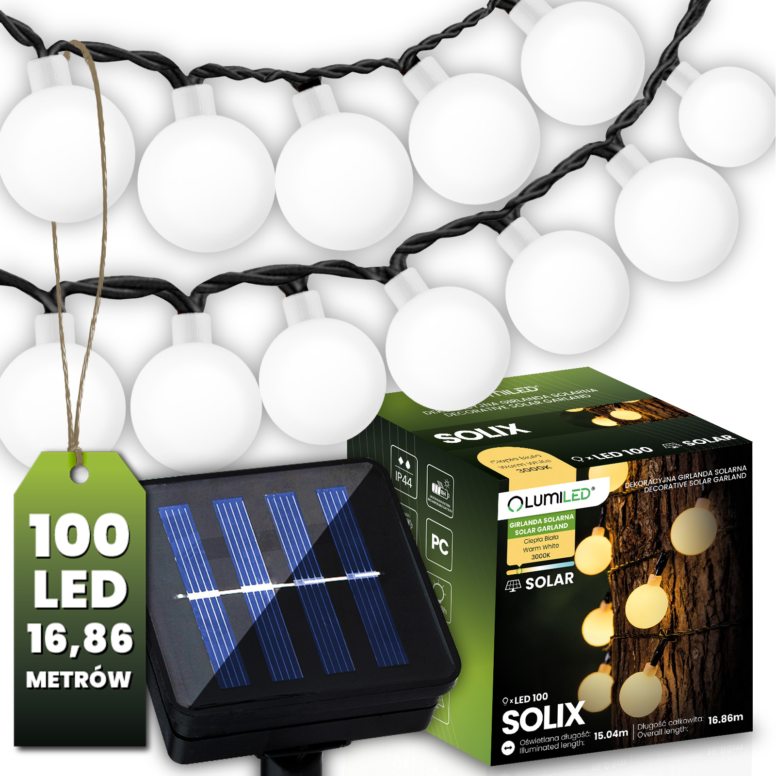 Girlanda Solarna Ogrodowa Lampki Solarne 100x Żarówka LED Ozdobne Kulki 16m 3000K SOLIX LUMILED - główne zdjęcie produktu