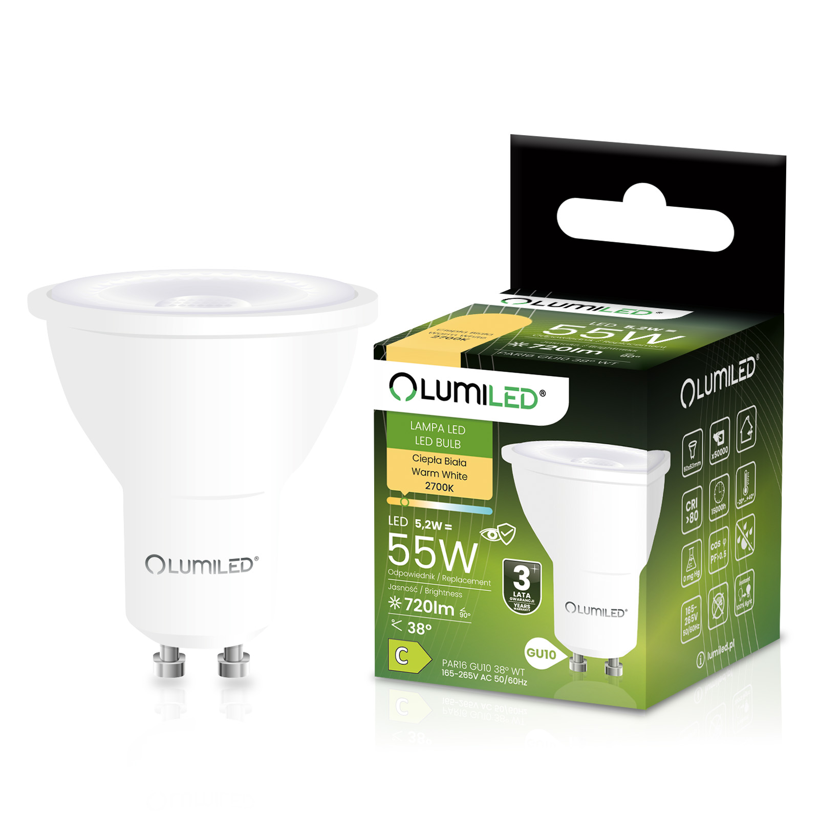 Żarówka LED GU10 Reflektor PAR16 5,2W = 55W 720LM 2700K Ciepła 38° LUMILED - główne zdjęcie produktu