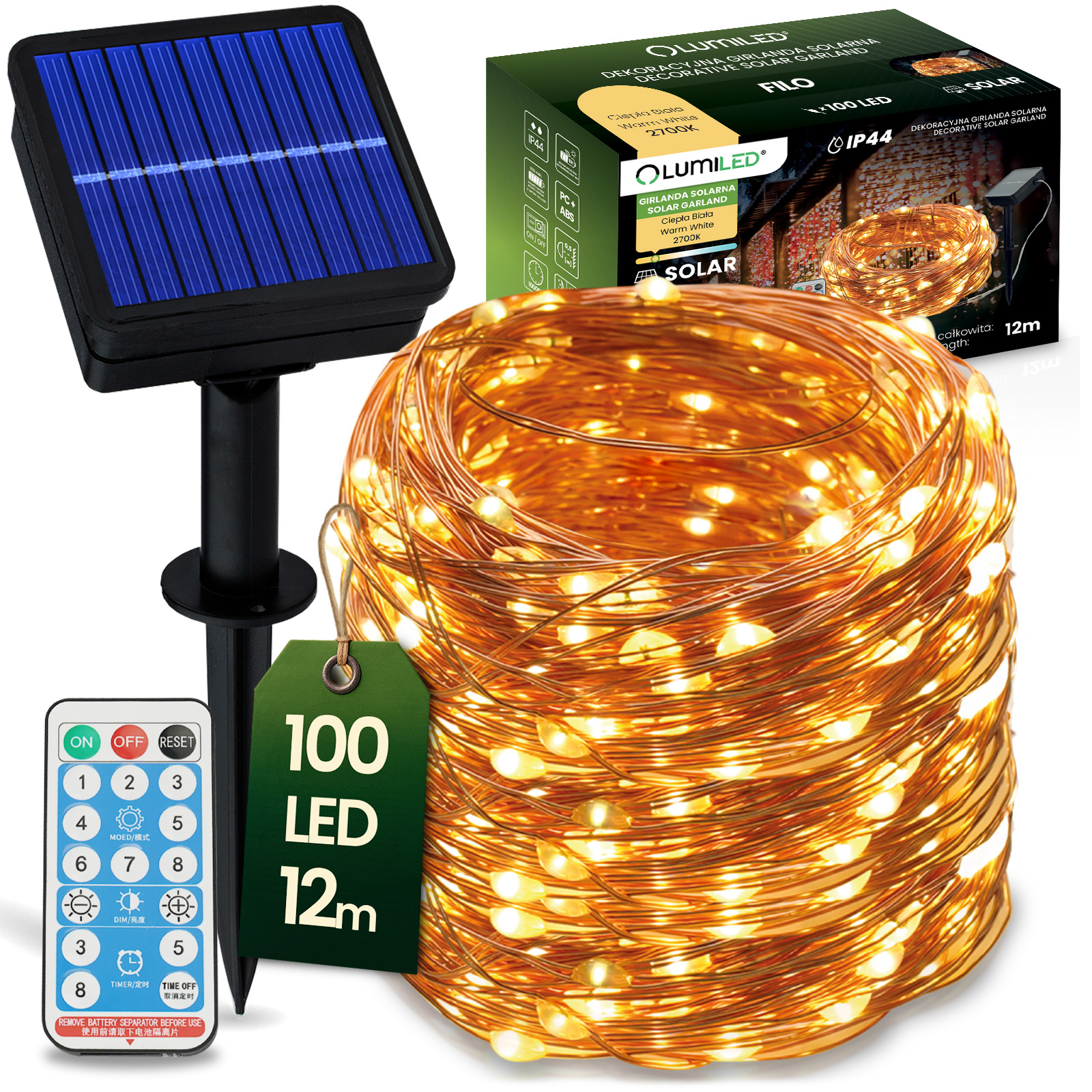 Solární Zahradní Světelný Řetěz 100x LED Dekorační Dráty 12m 2700K Teplá + Dálkové Ovládání FILO LUMILED - Hlavní obrázek
