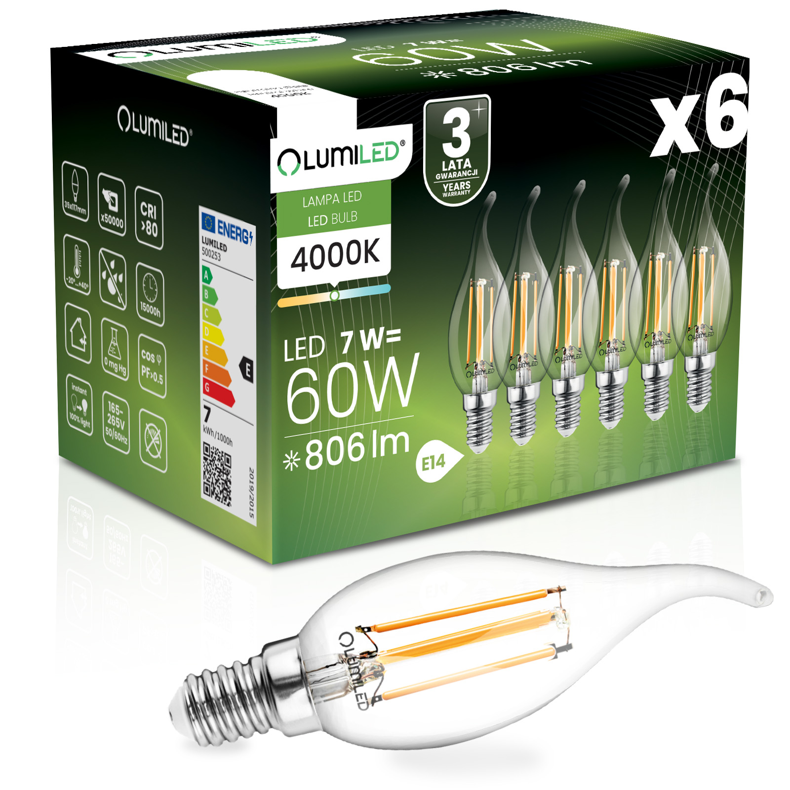 6x Żarówka LED E14 Świeczka BA35 7W = 60W 806lm 4000K Neutralna 360° FILAMENT LUMILED - główne zdjęcie produktu
