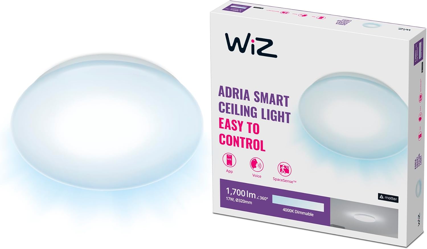 Plafon LED Lampa Sufitowa Natynkowa 17W 1700lm 4000K Neutralna 32cm Biała Okrągła Inteligentna SMART WiFi Bluetooth Aplikacja Adria WiZ - główne zdjęcie produktu