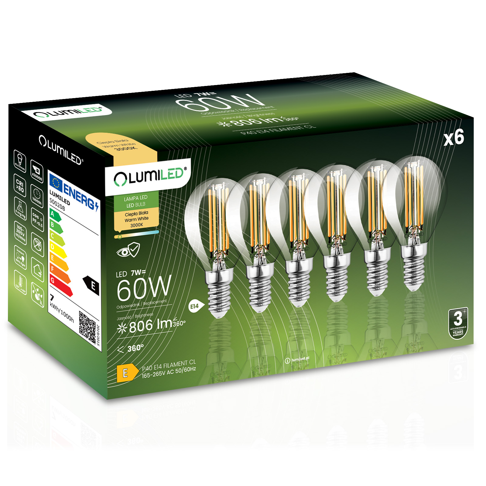 6x Żarówka LED E14 Kulka P45 7W = 60W 806lm 3000K Ciepła 360° FILAMENT LUMILED - główne zdjęcie produktu