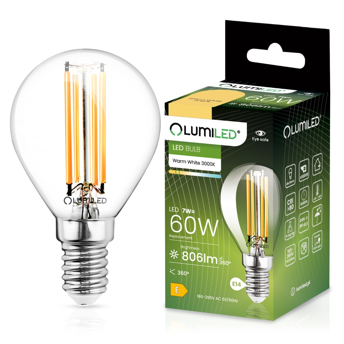 Żarówka LED E14 Kulka P45 7W = 60W 806lm 3000K Ciepła 360° FILAMENT LUMILED - główne zdjęcie produktu