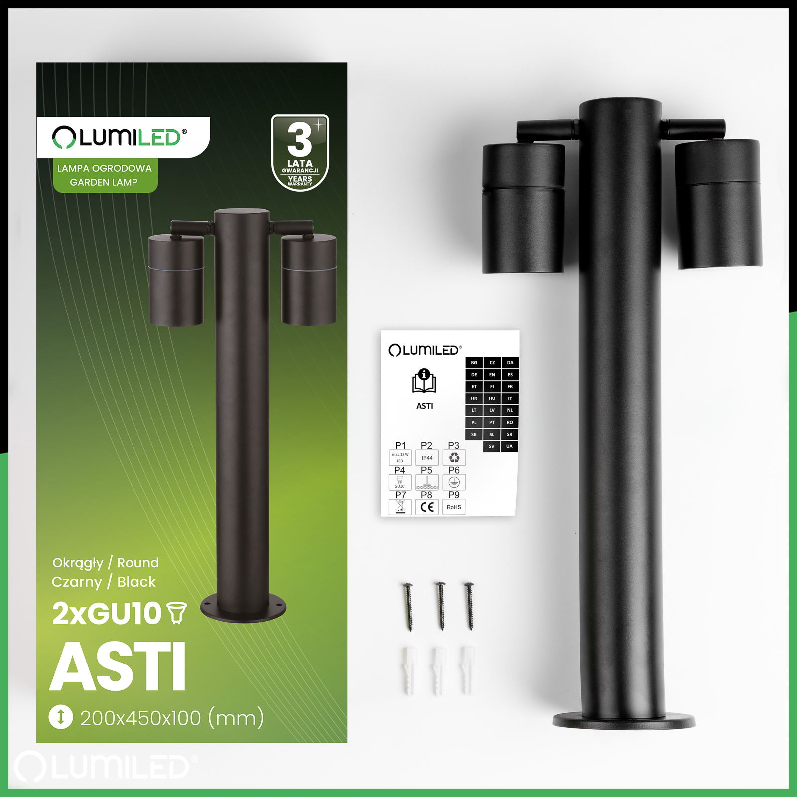 Lampa Ogrodowa Oprawa SŁUPEK Reflektor Zewnętrzny Stojąca 45 cm 2x GU10 ASTI LUMILED - skład produktu