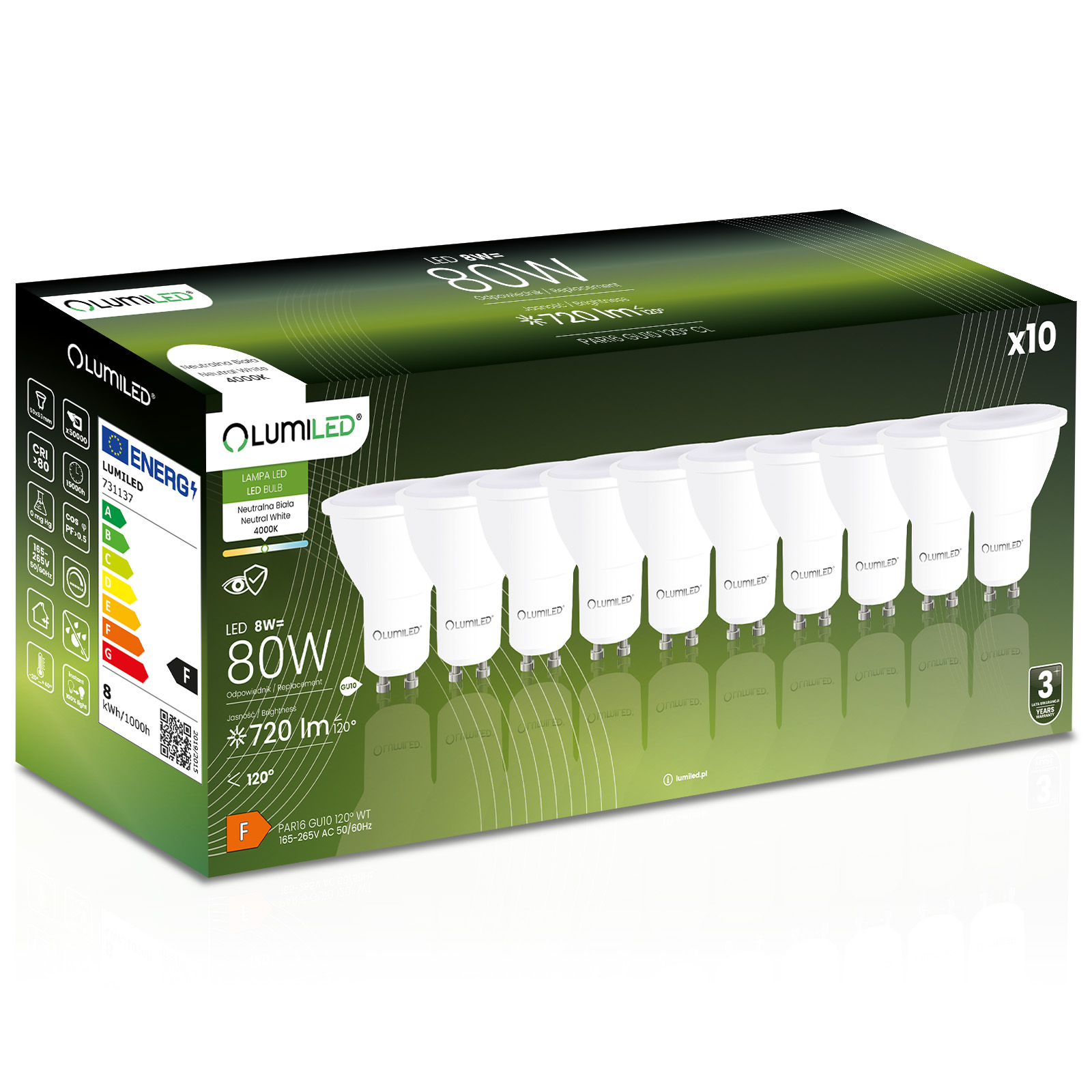 10x Żarówka LED GU10 Reflektor PAR16 8W = 80W 720lm 4000K Neutralna 120° LUMILED - główne zdjęcie produktu