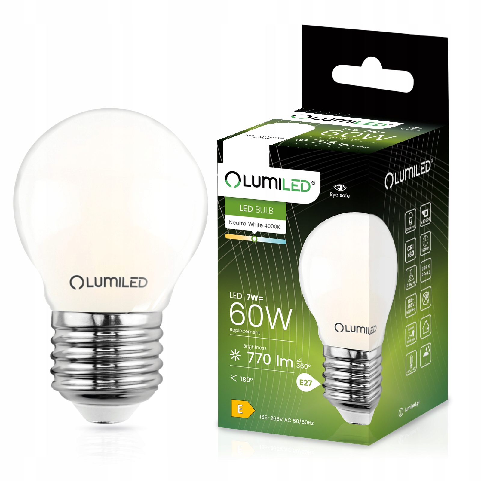 Żarówka LED E27 Kulka P45 7W = 60W 806lm 4000K Neutralna 360° FILAMENT LUMILED - główne zdjęcie produktu