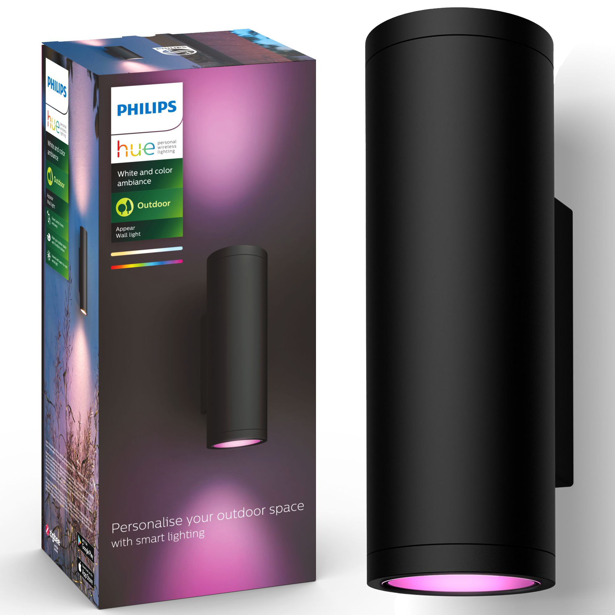 Kinkiet Ogrodowy LED Lampa Zewnętrzna Elewacyjna 15.8W 1180lm IP44 White and Color Ambiance RGB + TW Czarna Inteligentna SMART Zigbee Bluetooth Appear Philips HUE - główne zdjęcie produktu