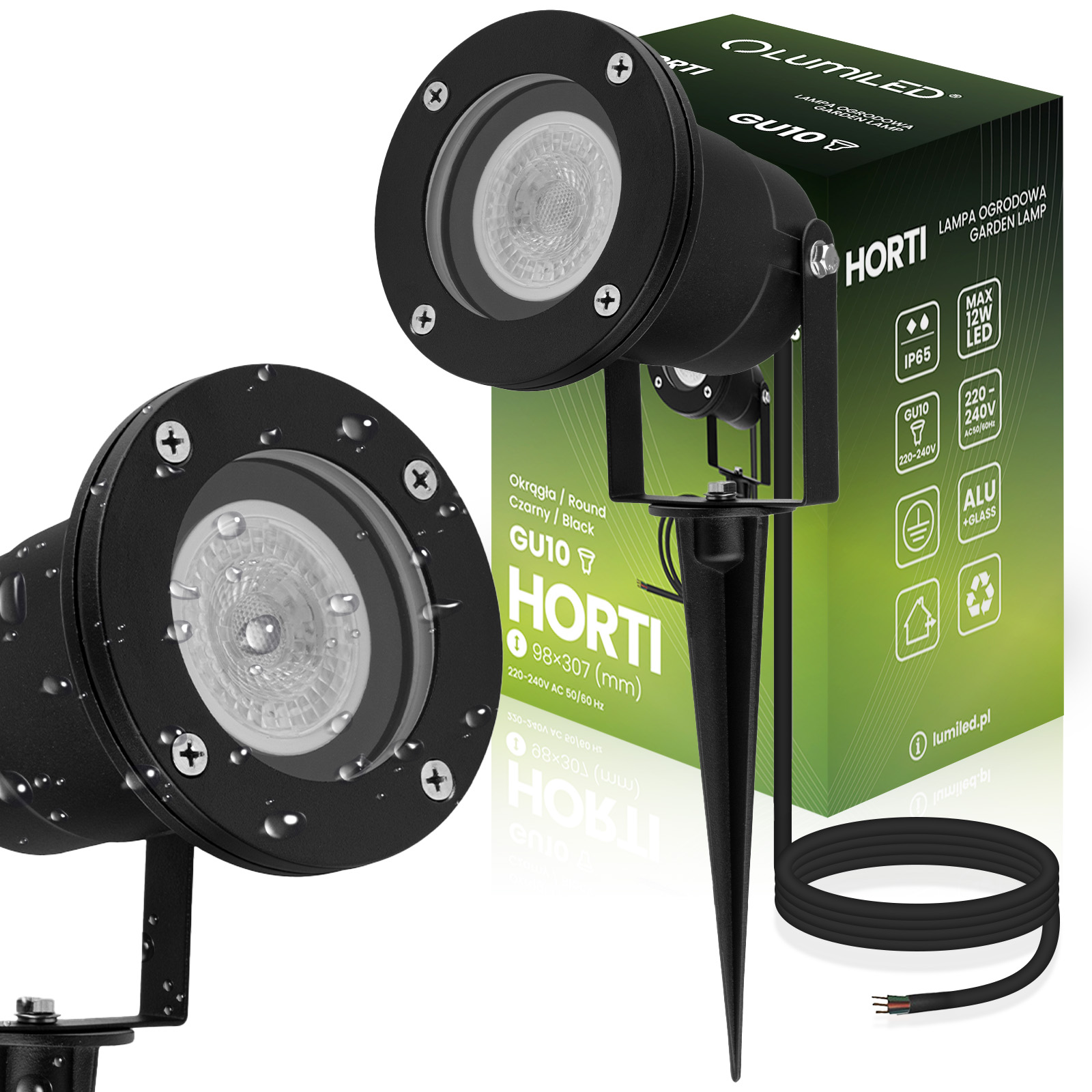 Lampa Ogrodowa Wbijana LED GU10 IP65 WODOSZCZELNA Czarna z Przewodem 1m HORTI LUMILED - główne zdjęcie produktu