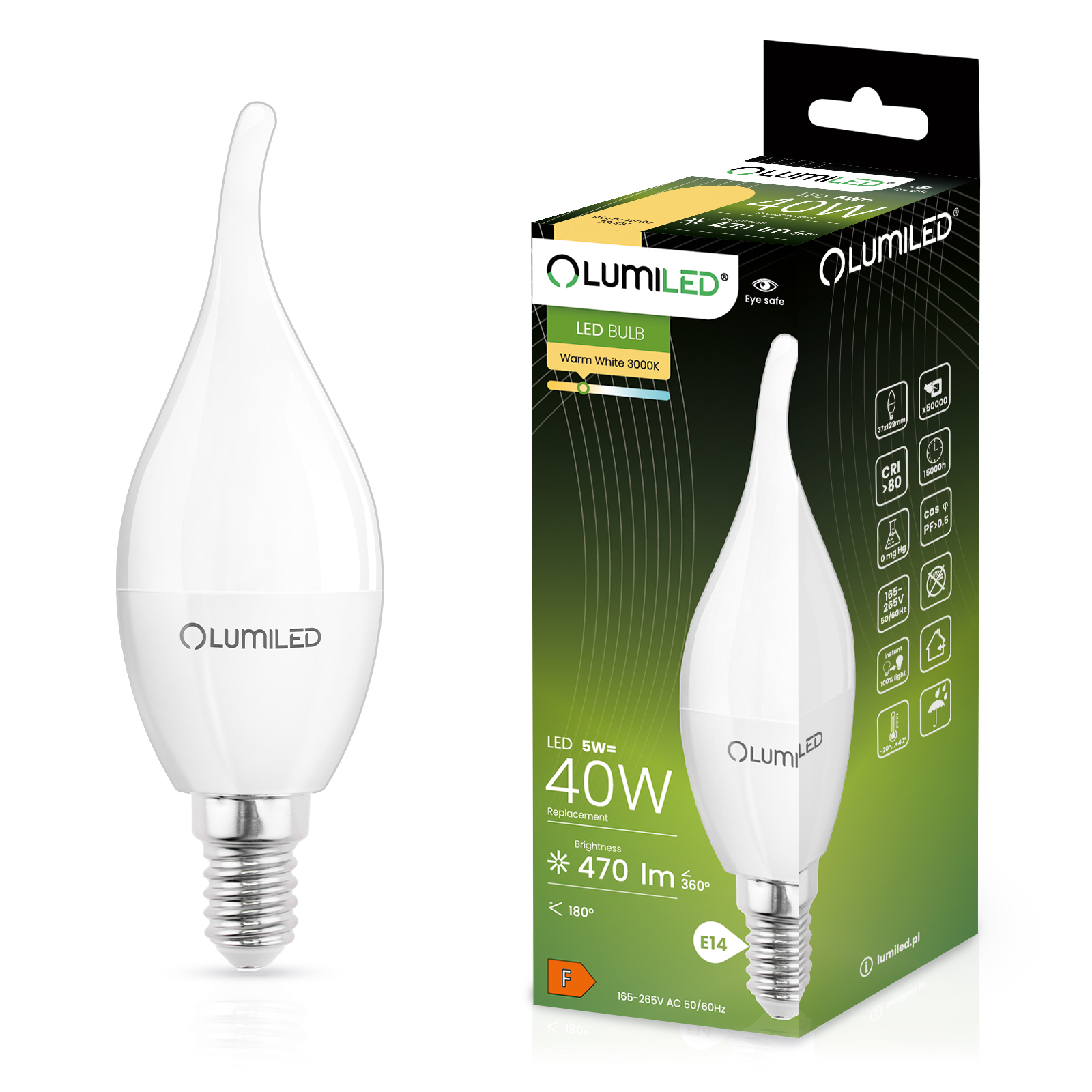 Żarówka LED E14 Świeczka BA35 5W = 40W 470lm 3000K Ciepła 180° LUMILED - główne zdjęcie produktu