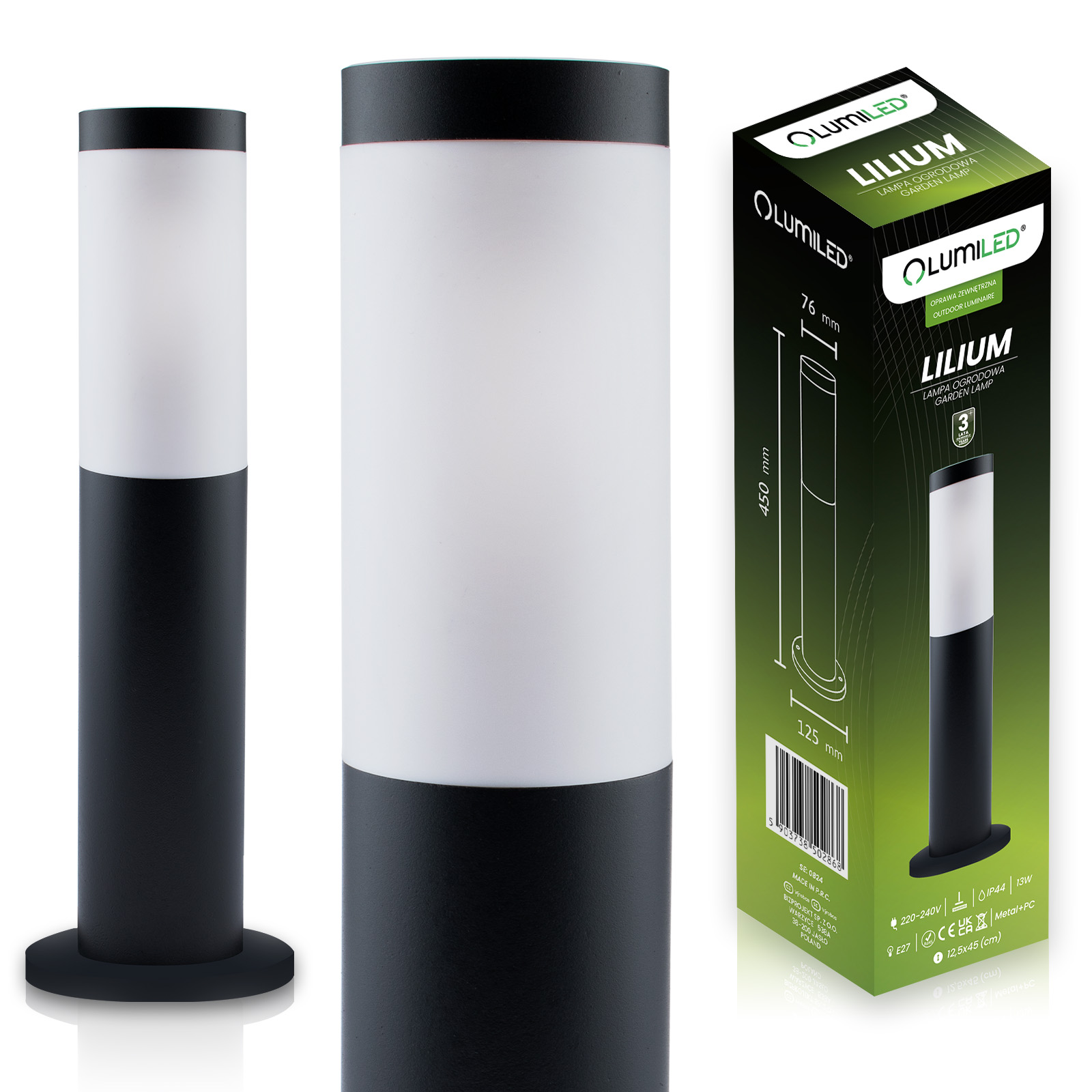 Lampa Ogrodowa Zewnętrzna E27 CZARNY SŁUPEK 45cm Lilium LUMILED - główne zdjęcie produktu