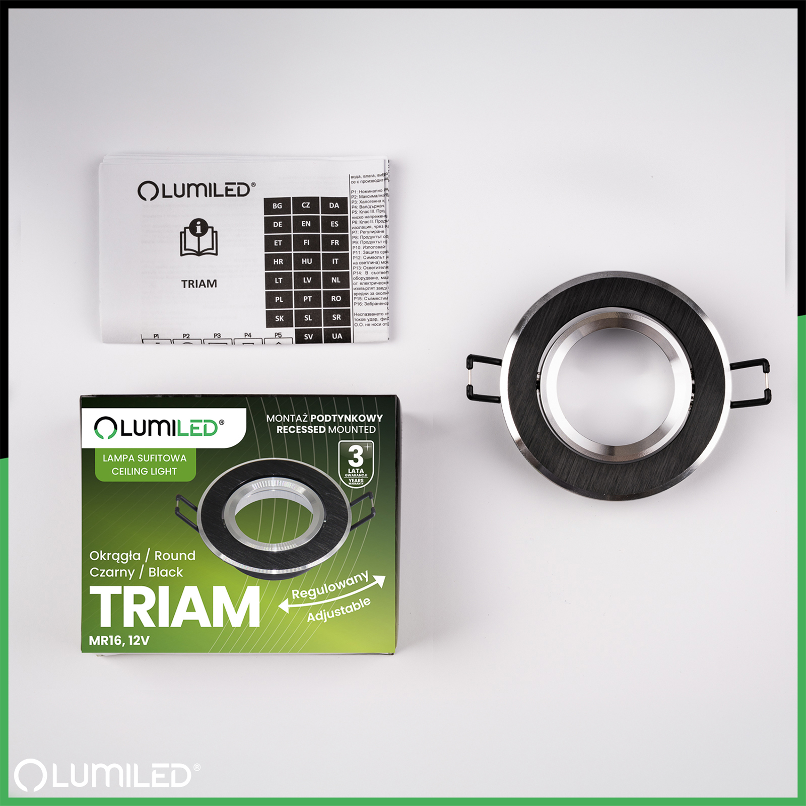 Oprawa Halogenowa Podtynkowa Lampa Sufitowa Okrągła Ruchoma GU10 MR16 Czarna TRIAM LUMILED - skład produktu