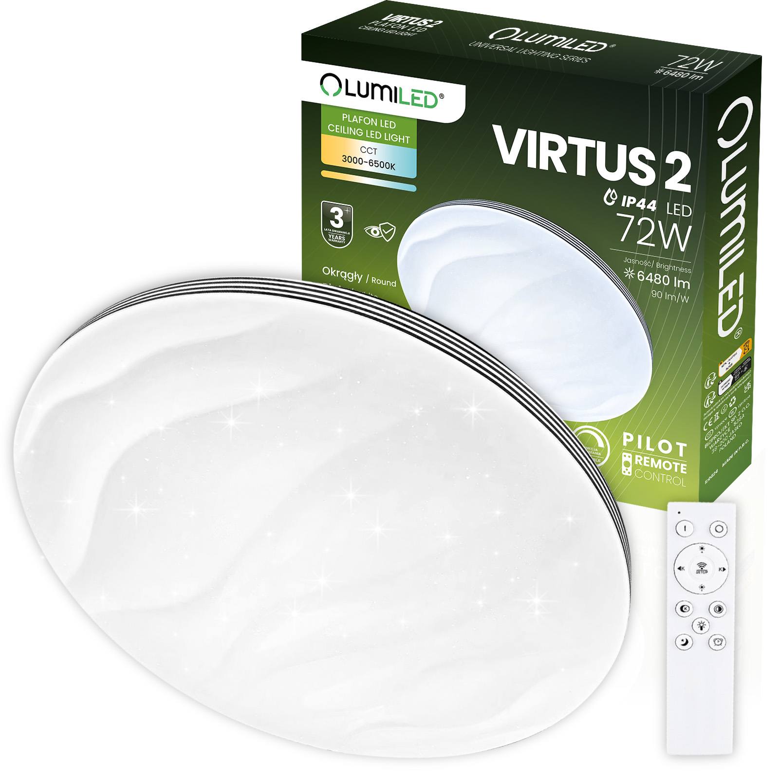 Plafon LED Lampa Sufitowa Natynkowa VIRTUS2 72W IP44 CCT Biały Okrągły 50cm + PILOT LUMILED - główne zdjęcie produktu
