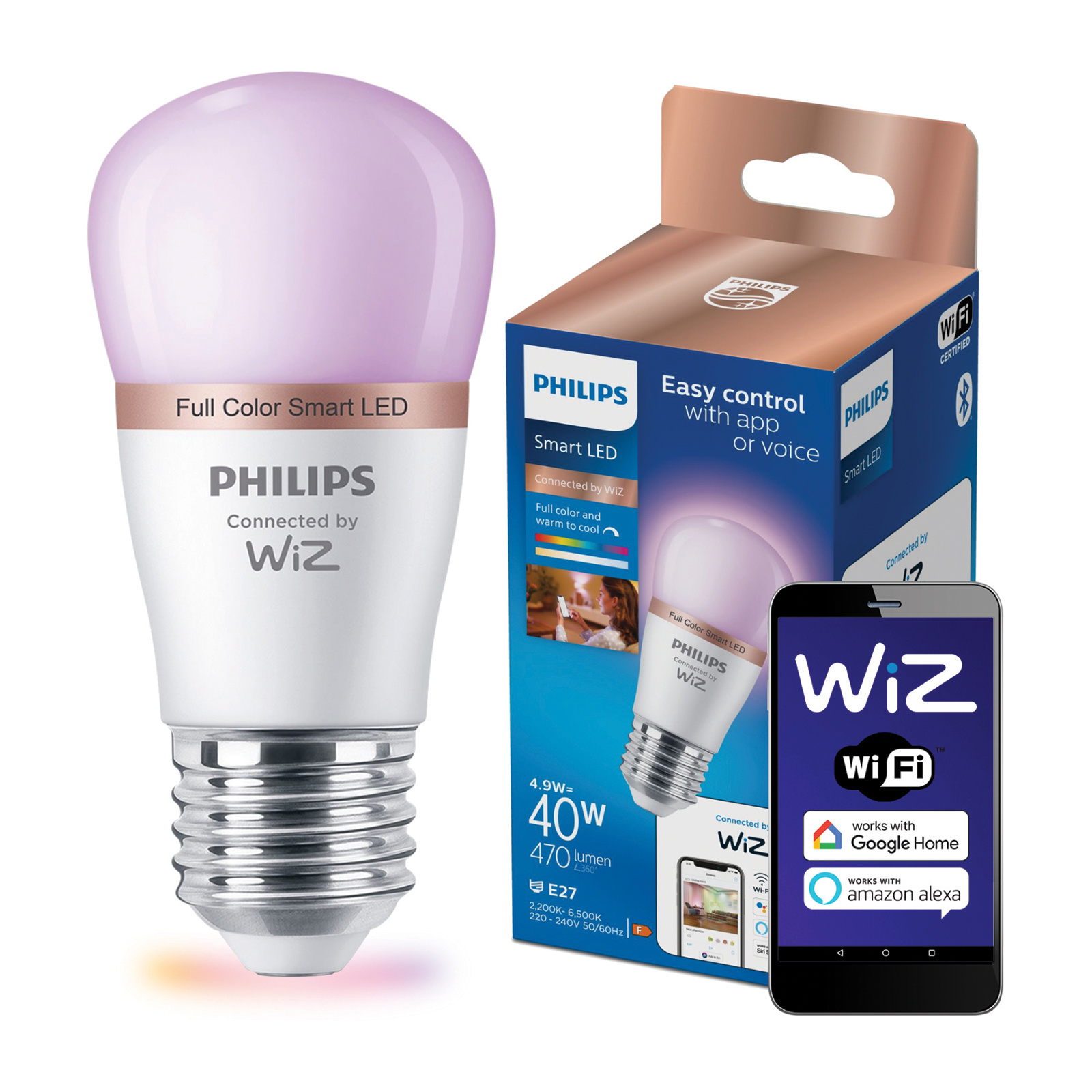 Żarówka LED E27 Kulka P45 4.9W = 40W 470lm 2200-6500K RGB + TW Inteligentna SMART WiFi Bluetooth Aplikacja WiZ Philips - główne zdjęcie produktu
