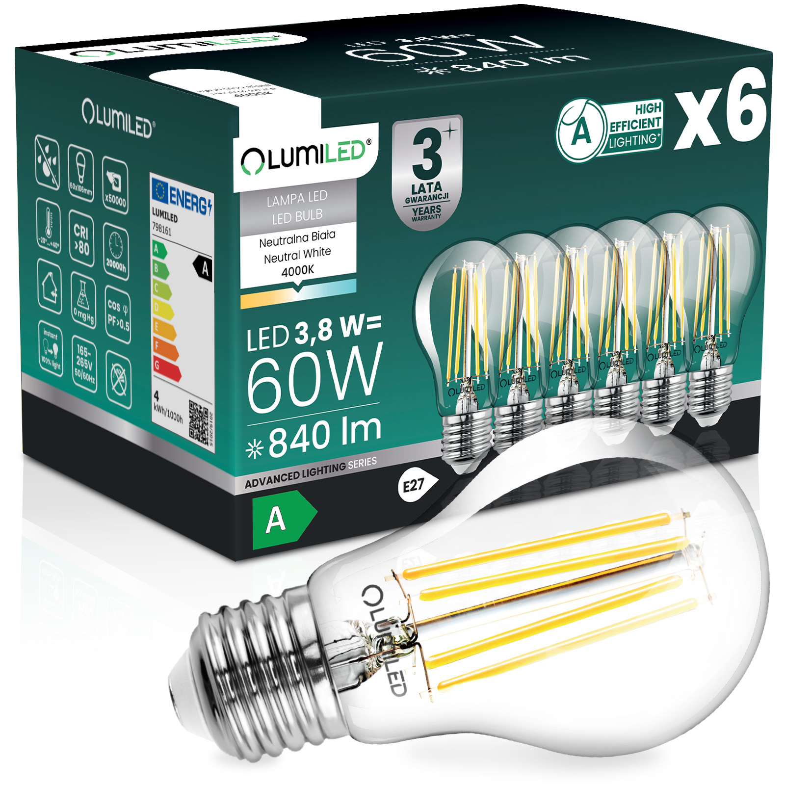 6x Żarówka LED E27 A60 3,8W 840lm = 60W 4000K Neutralna 360° Filament KLASA A LUMILED - główne zdjęcie produktu